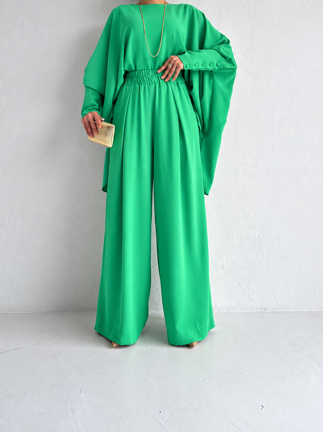 Kolu Düğmeli Yarasa Model İkili Pantolon Takım - Yeşil