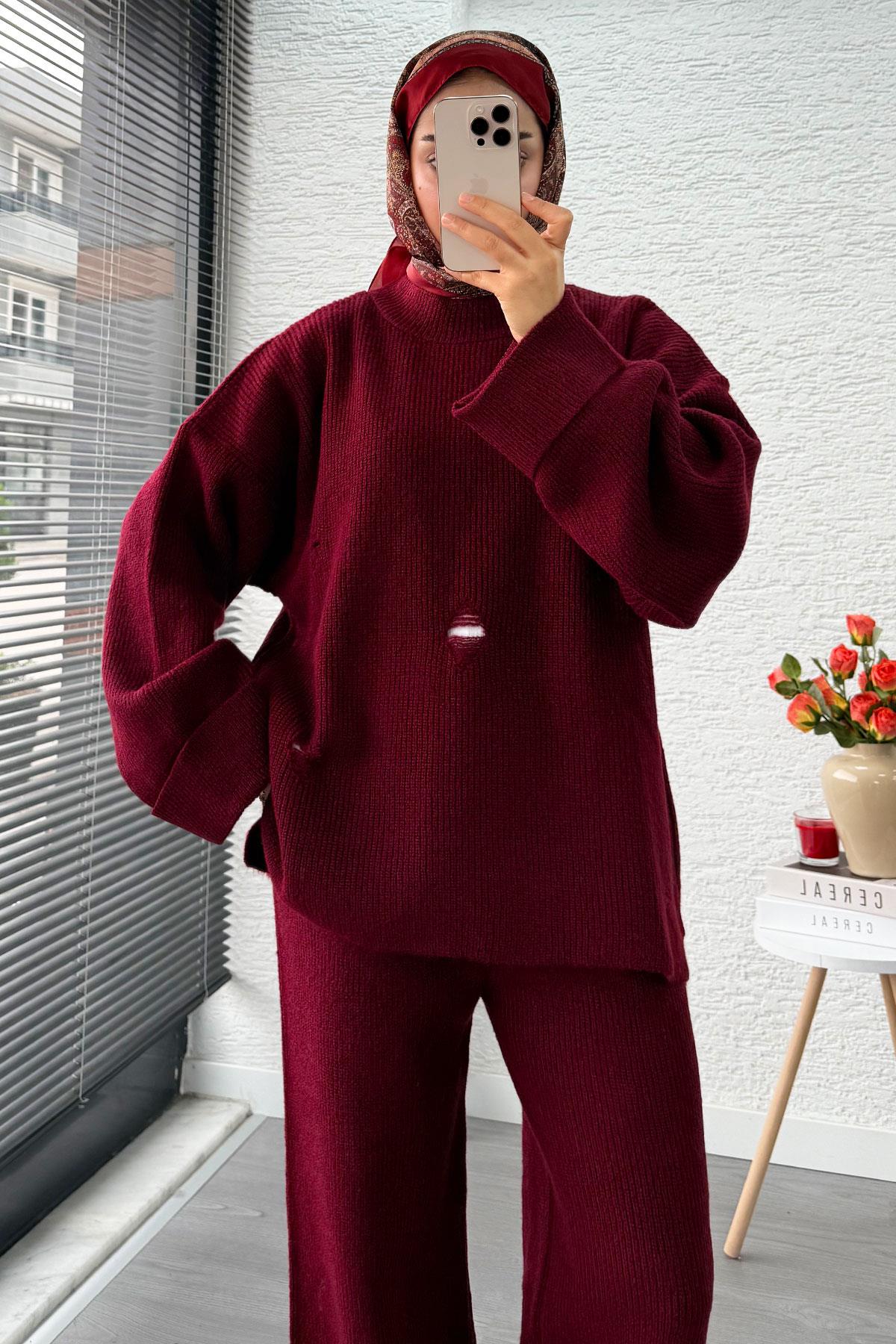 Kolu Katlı Yırtık Detaylı Tasarım Triko Takım – Bordo