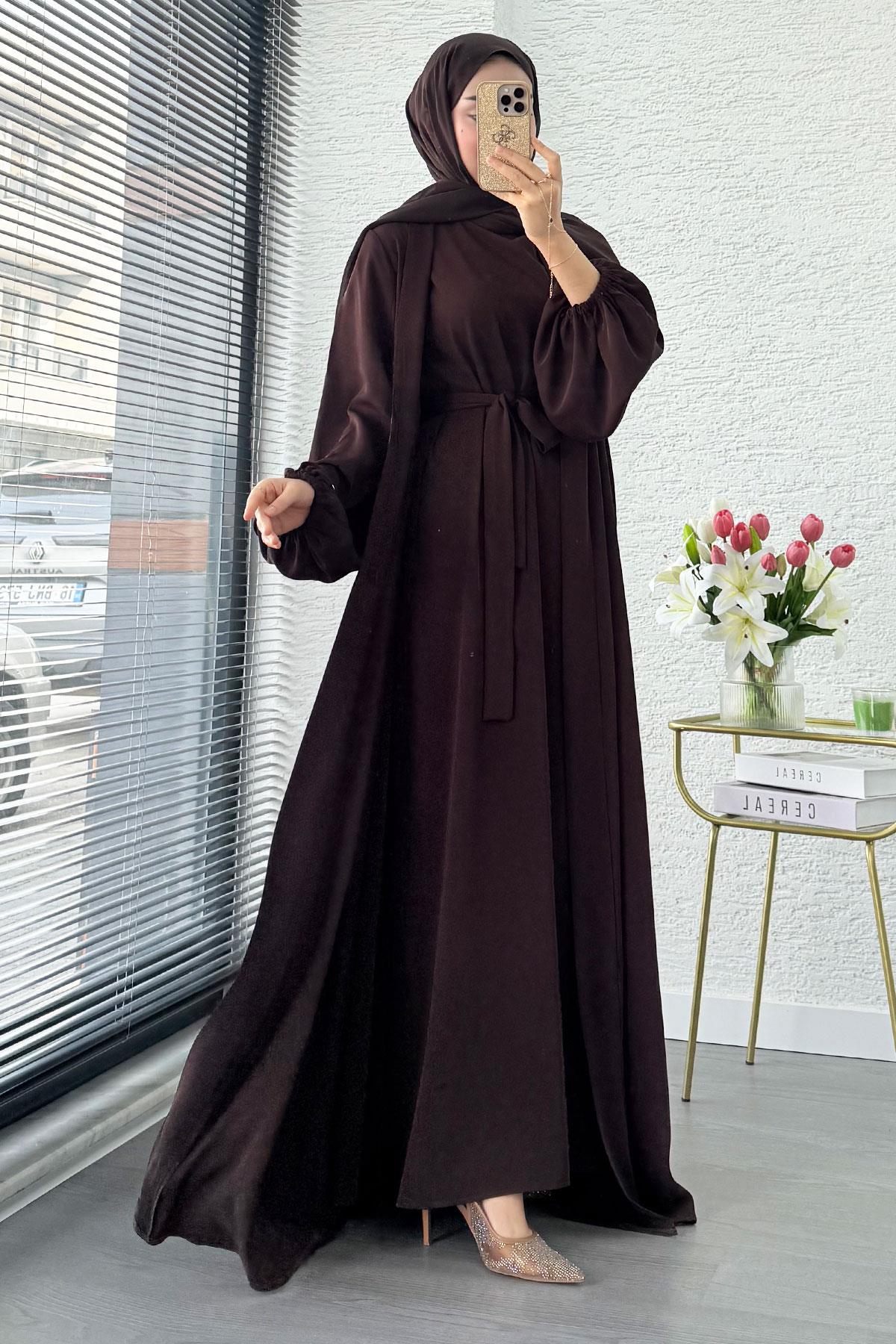 Kolu Lastikli İkili Abaya Takım – Acı Kahve