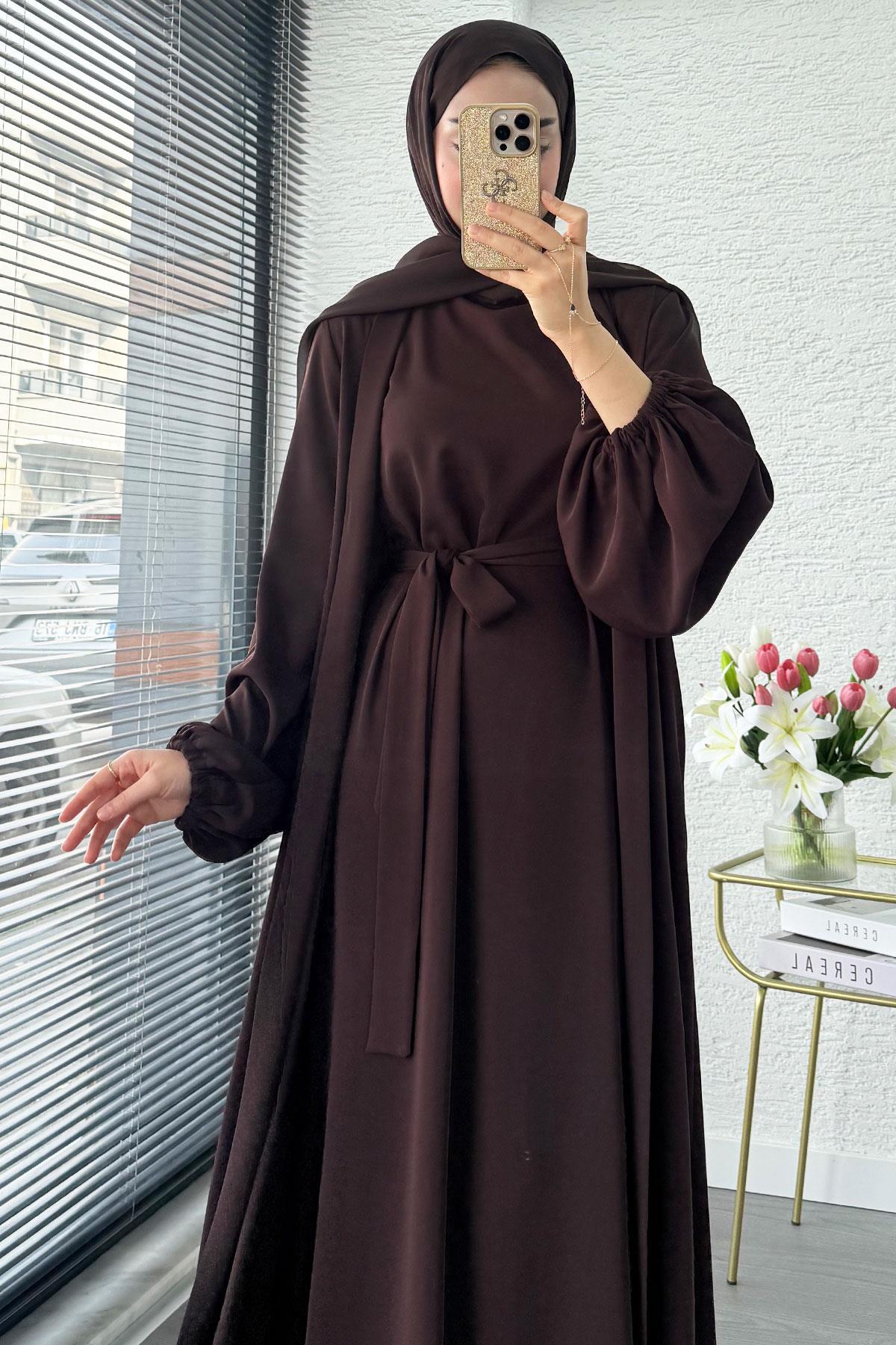 Kolu Lastikli İkili Abaya Takım – Acı Kahve