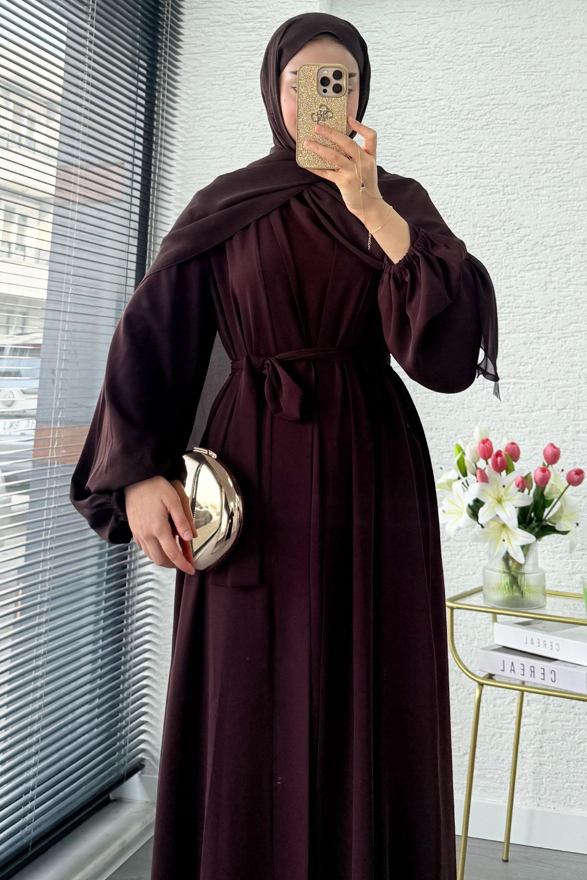 Kolu Lastikli İkili Abaya Takım – Acı Kahve