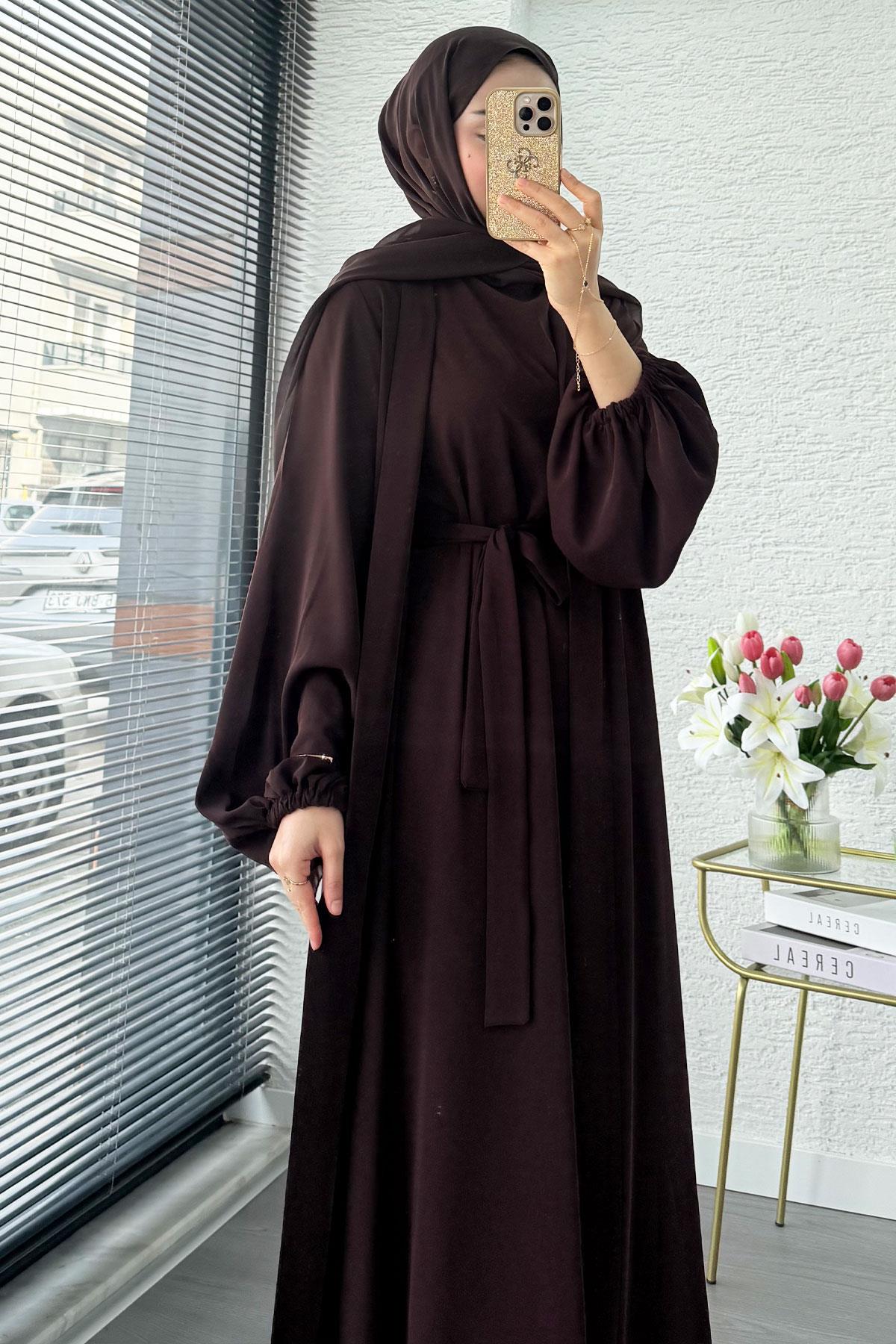 Kolu Lastikli İkili Abaya Takım – Acı Kahve