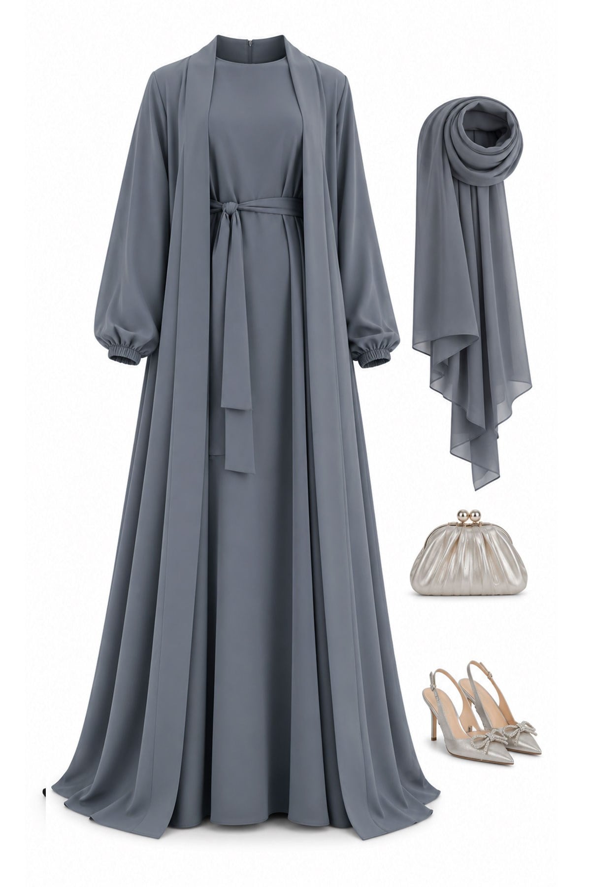 Kolu Lastikli İkili Abaya Takım – Gri