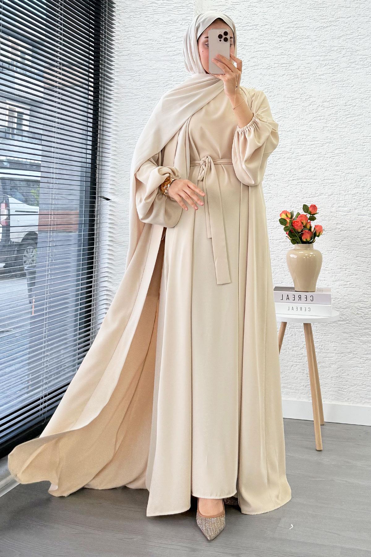Kolu Lastikli İkili Abaya Takım – Krem