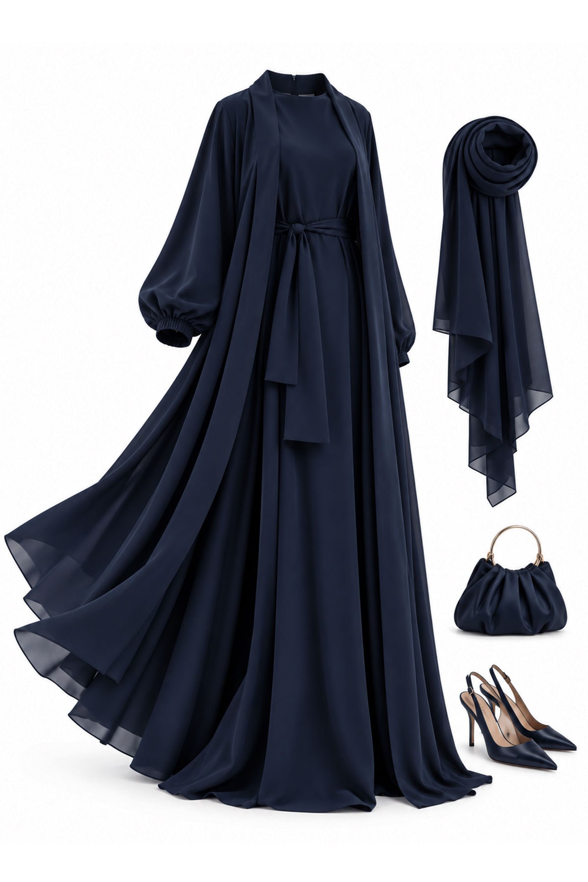 Kolu Lastikli İkili Abaya Takım – Lacivert