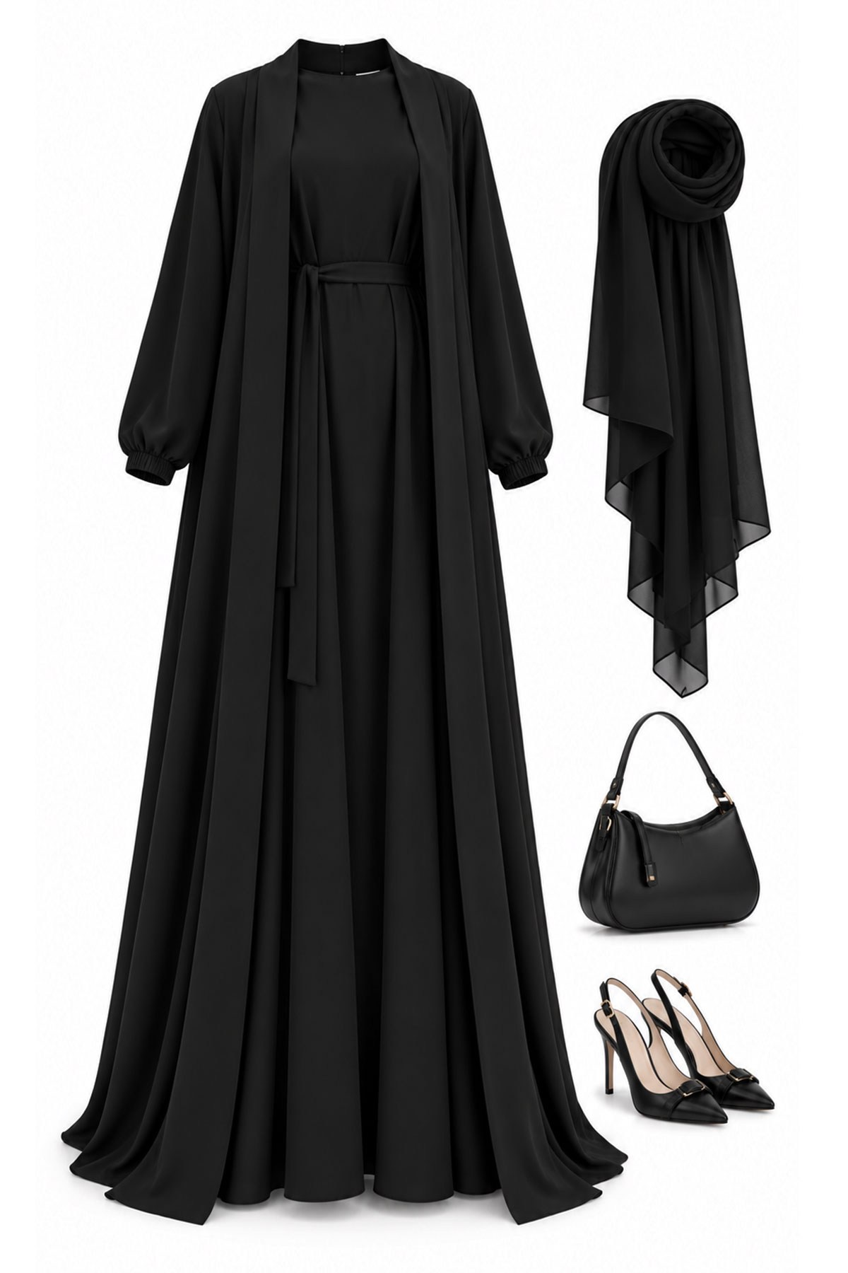 Kolu Lastikli İkili Abaya Takım – Siyah