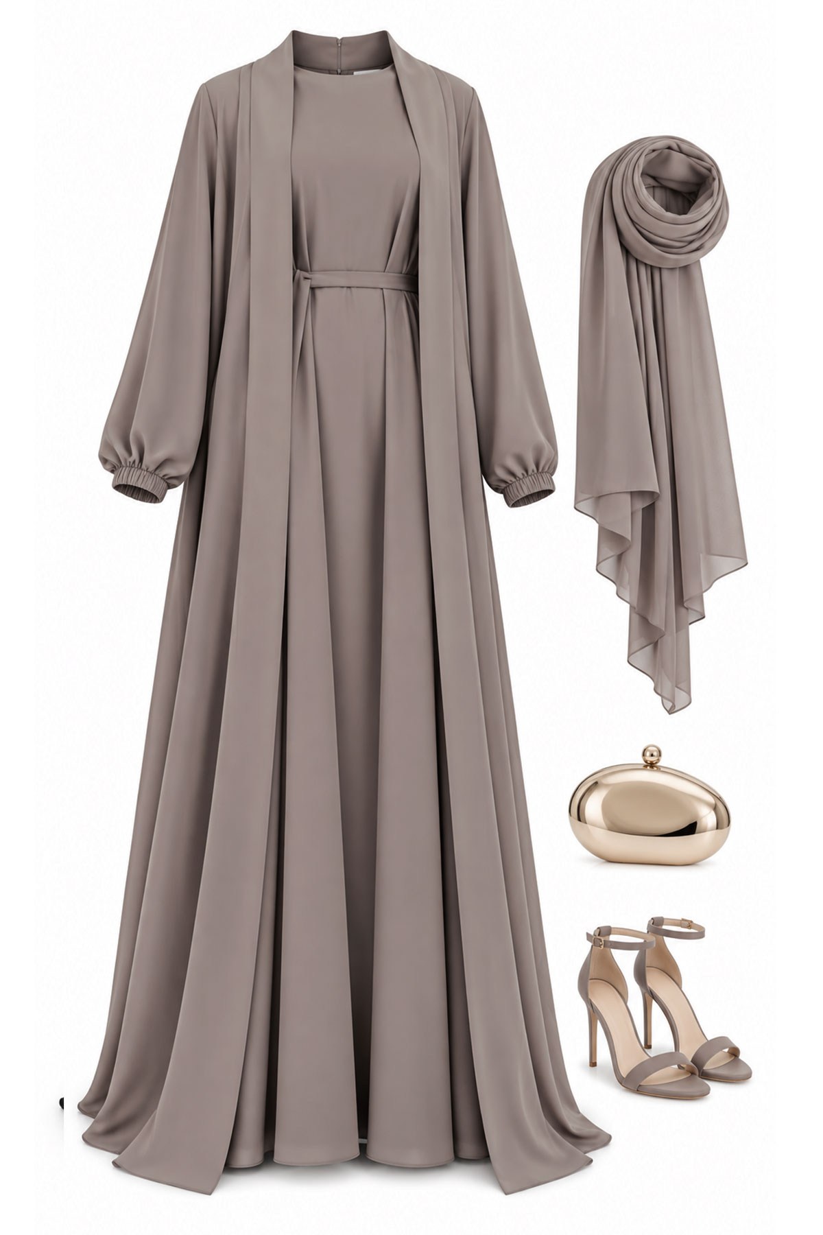 Kolu Lastikli İkili Abaya Takım – Toprak