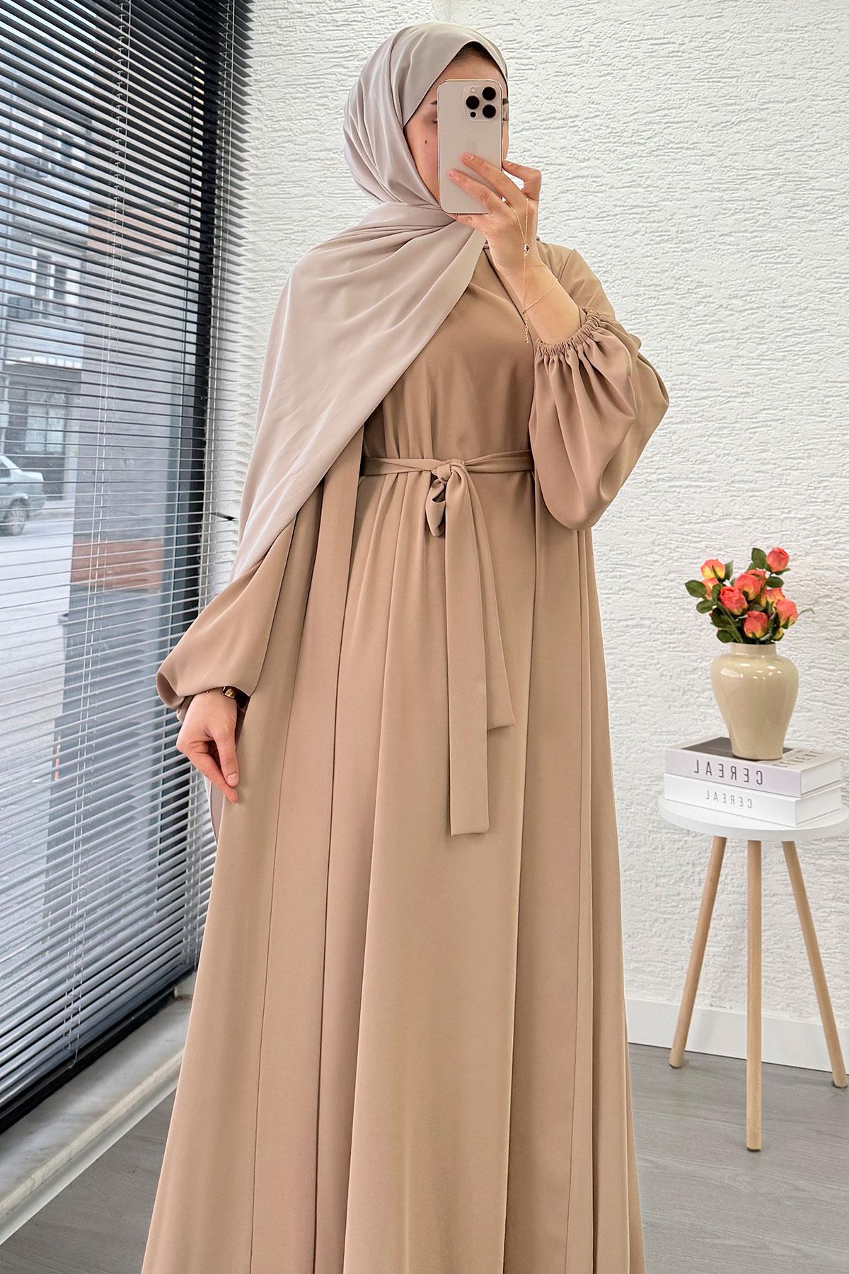 Kolu Lastikli İkili Abaya Takım – Vizon