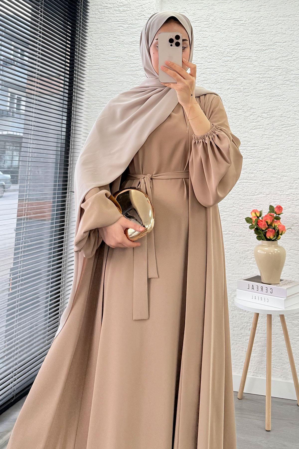 Kolu Lastikli İkili Abaya Takım – Vizon