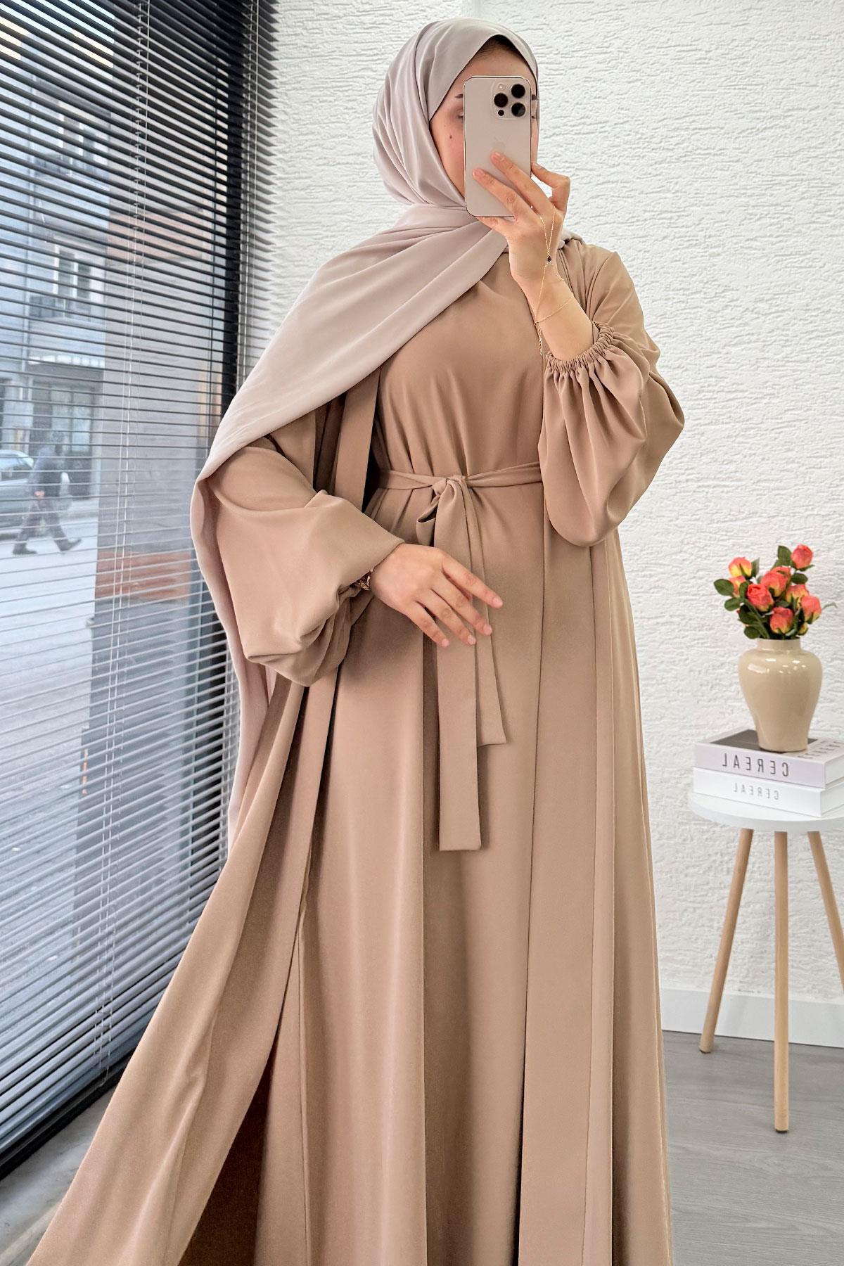 Kolu Lastikli İkili Abaya Takım – Vizon