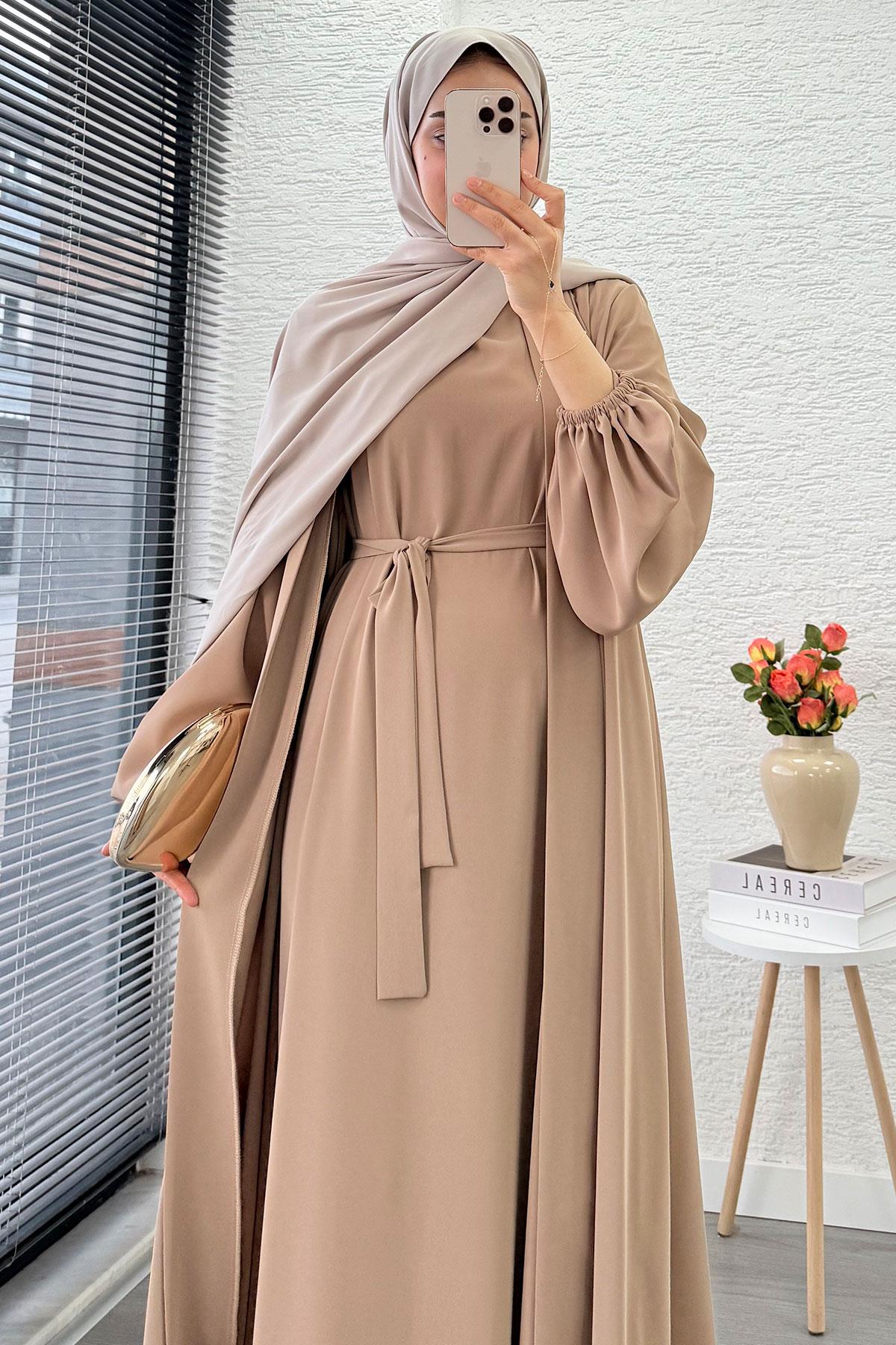 Kolu Lastikli İkili Abaya Takım – Vizon