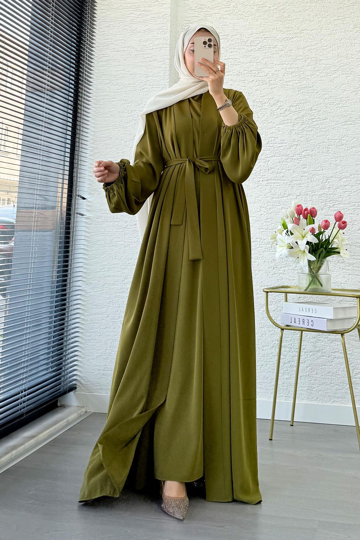 Kolu Lastikli İkili Abaya Takım – Yağ Yeşili