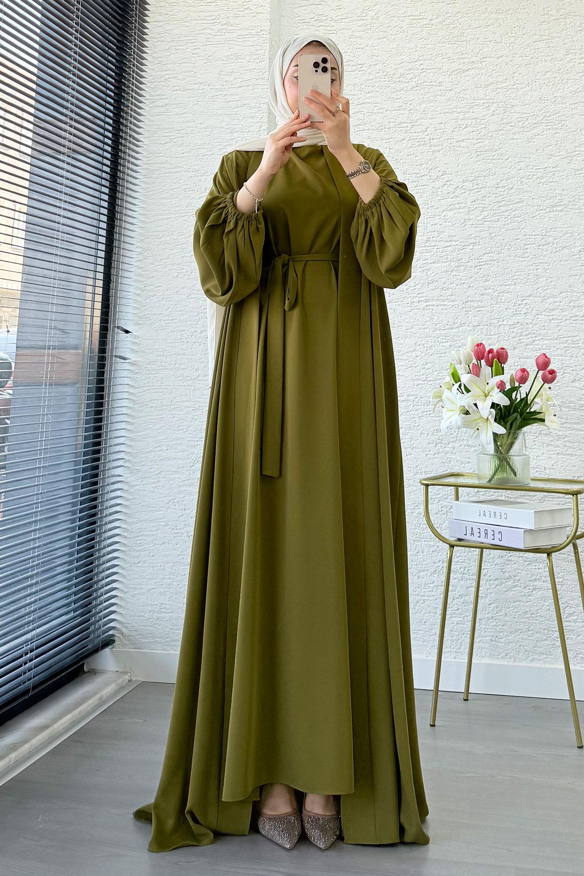 Kolu Lastikli İkili Abaya Takım – Yağ Yeşili