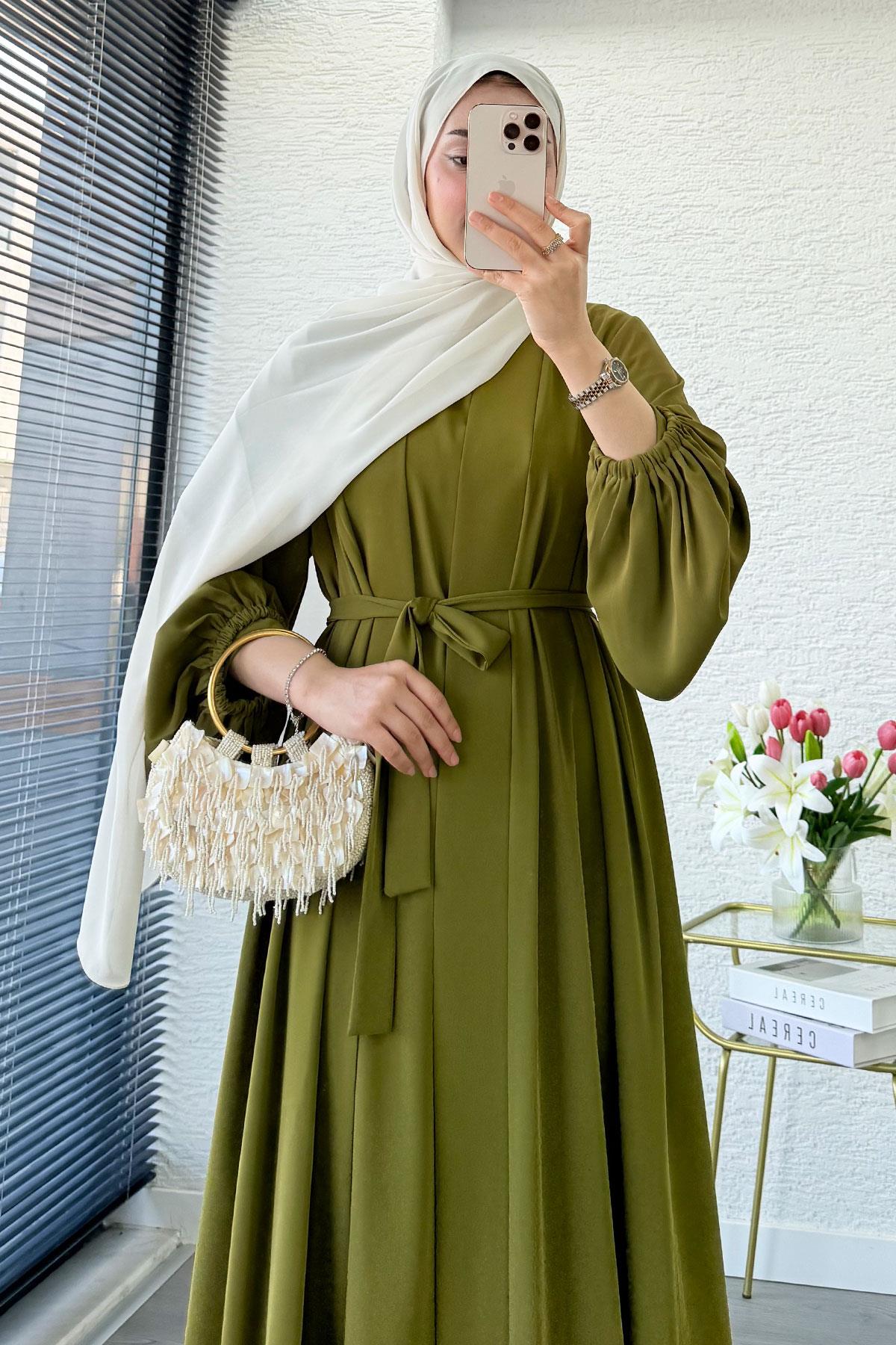 Kolu Lastikli İkili Abaya Takım – Yağ Yeşili