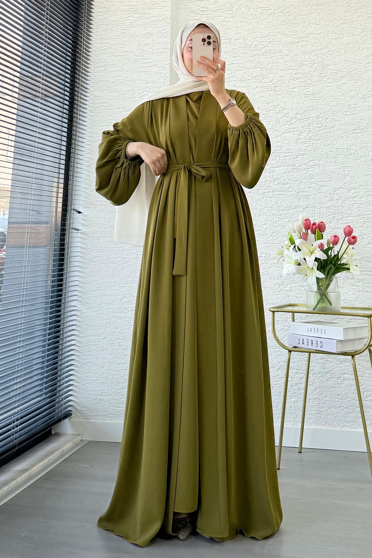 Kolu Lastikli İkili Abaya Takım – Yağ Yeşili