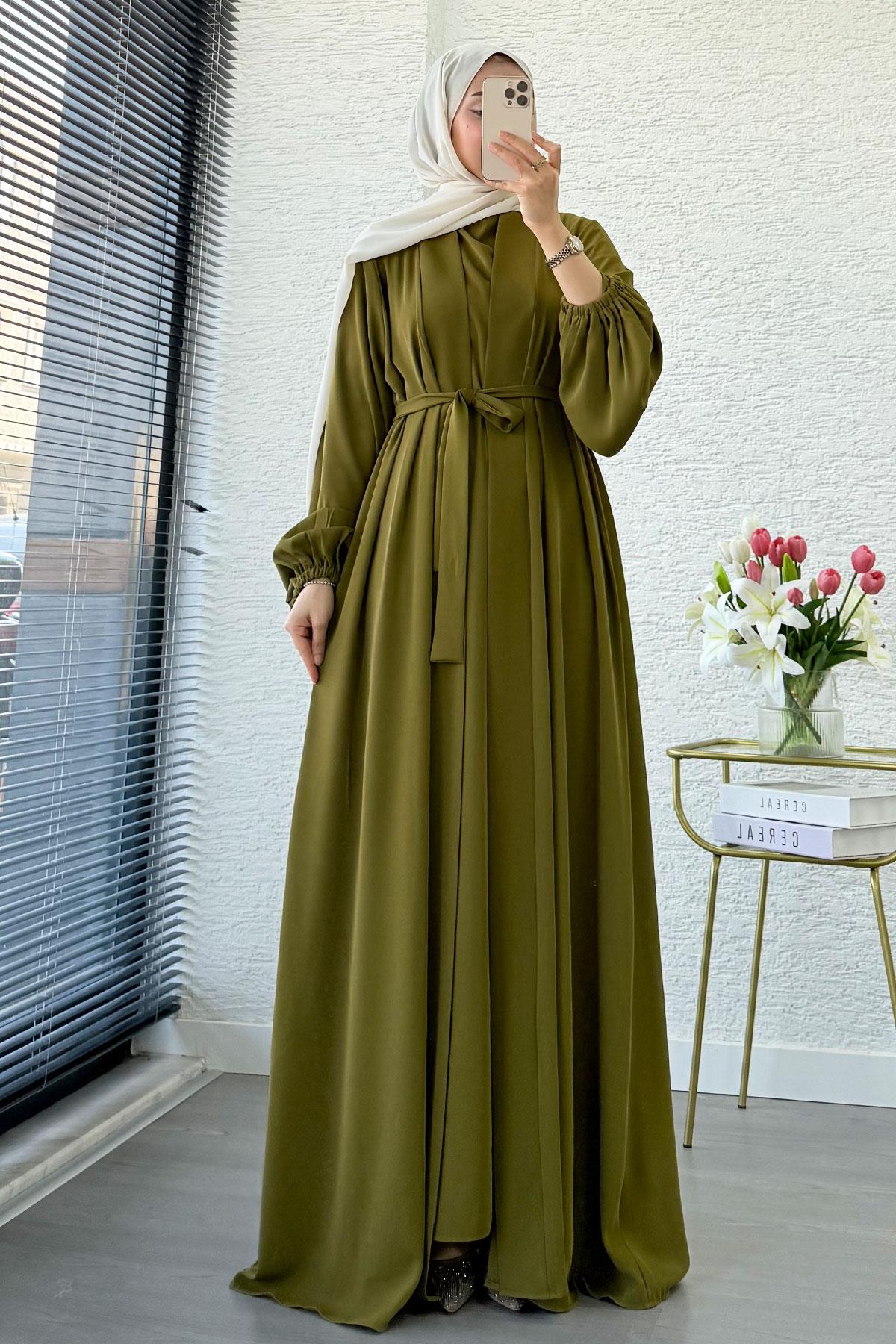 Kolu Lastikli İkili Abaya Takım – Yağ Yeşili