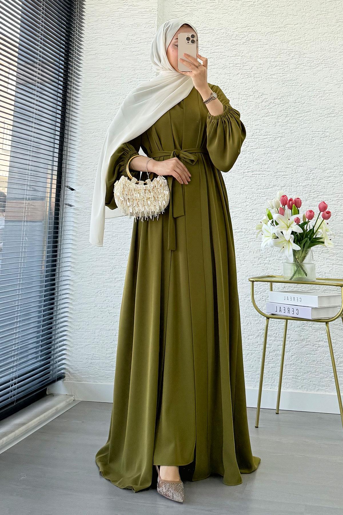 Kolu Lastikli İkili Abaya Takım – Yağ Yeşili