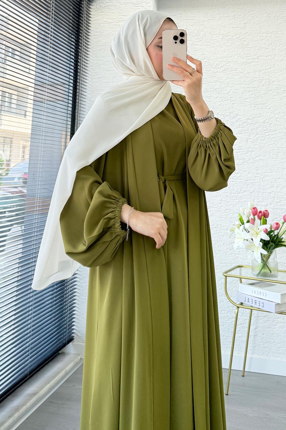 Kolu Lastikli İkili Abaya Takım – Yağ Yeşili