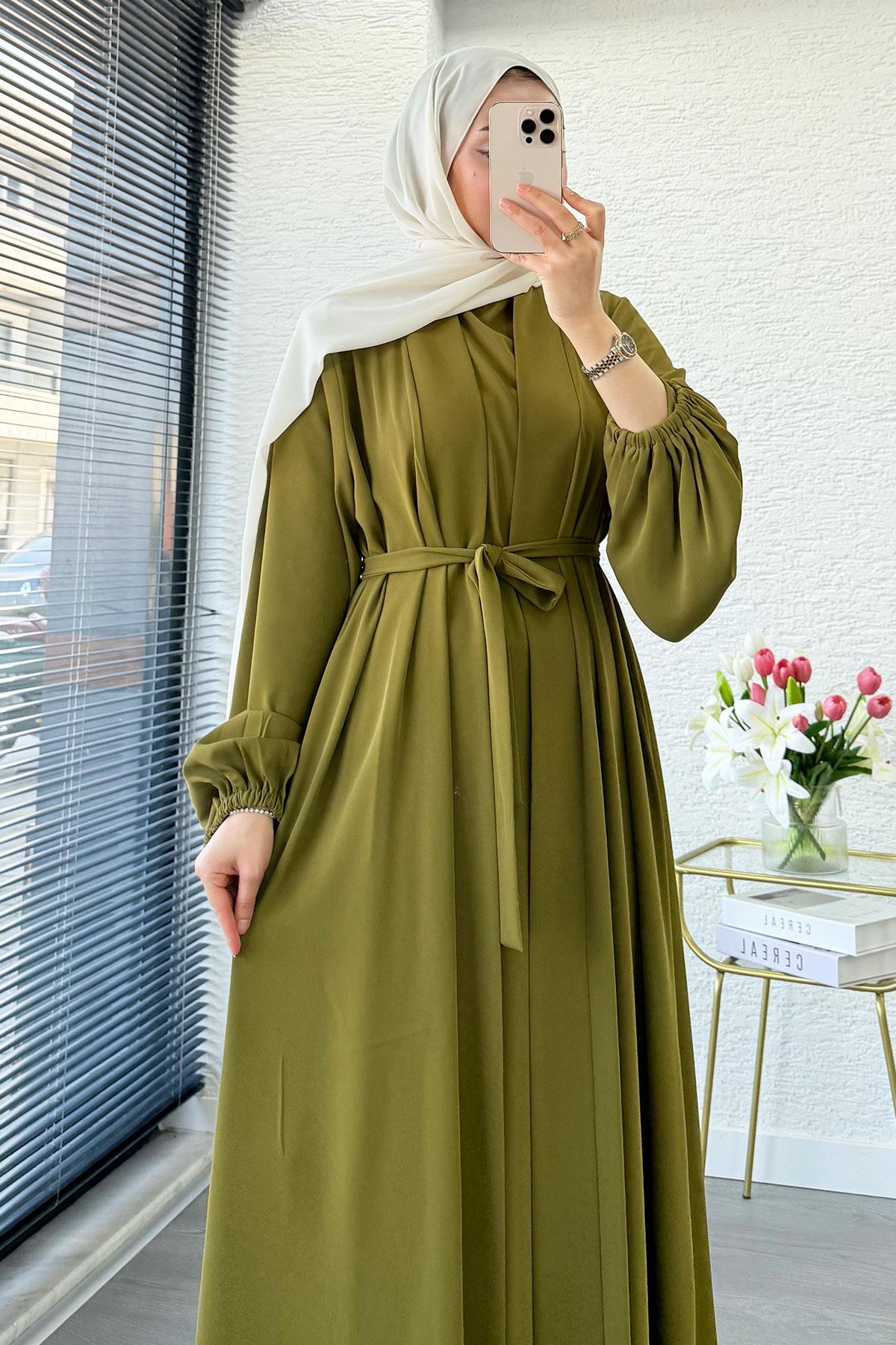 Kolu Lastikli İkili Abaya Takım – Yağ Yeşili