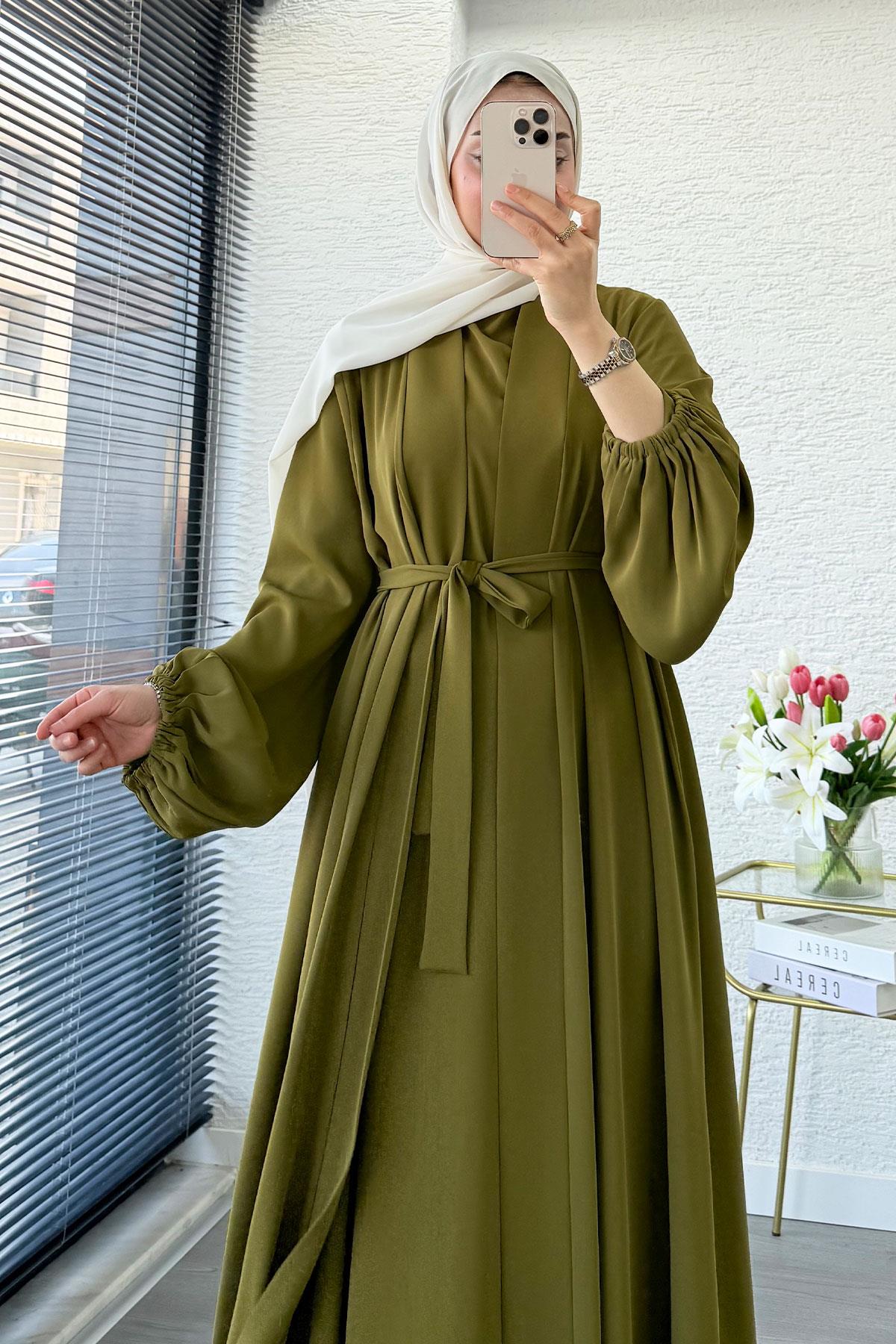 Kolu Lastikli İkili Abaya Takım – Yağ Yeşili