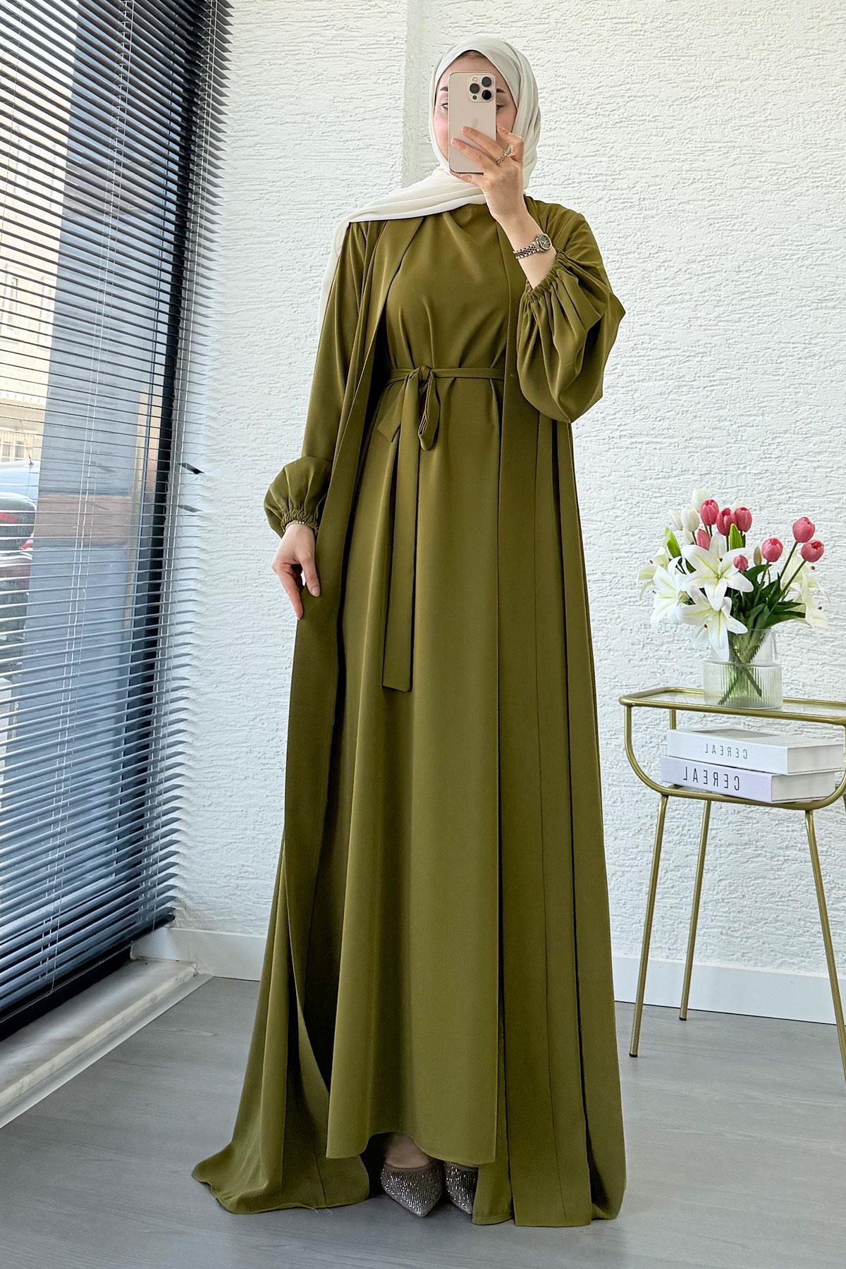 Kolu Lastikli İkili Abaya Takım – Yağ Yeşili