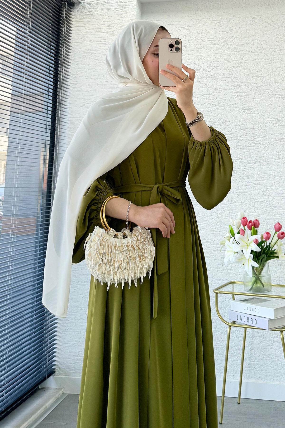 Kolu Lastikli İkili Abaya Takım – Yağ Yeşili