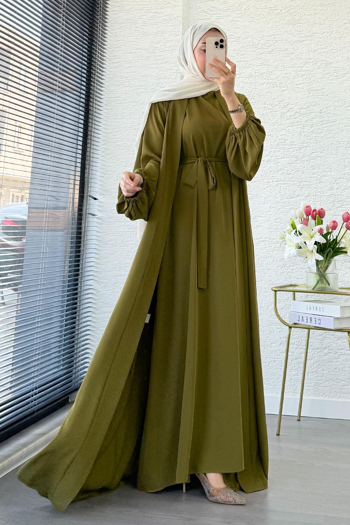 Kolu Lastikli İkili Abaya Takım – Yağ Yeşili