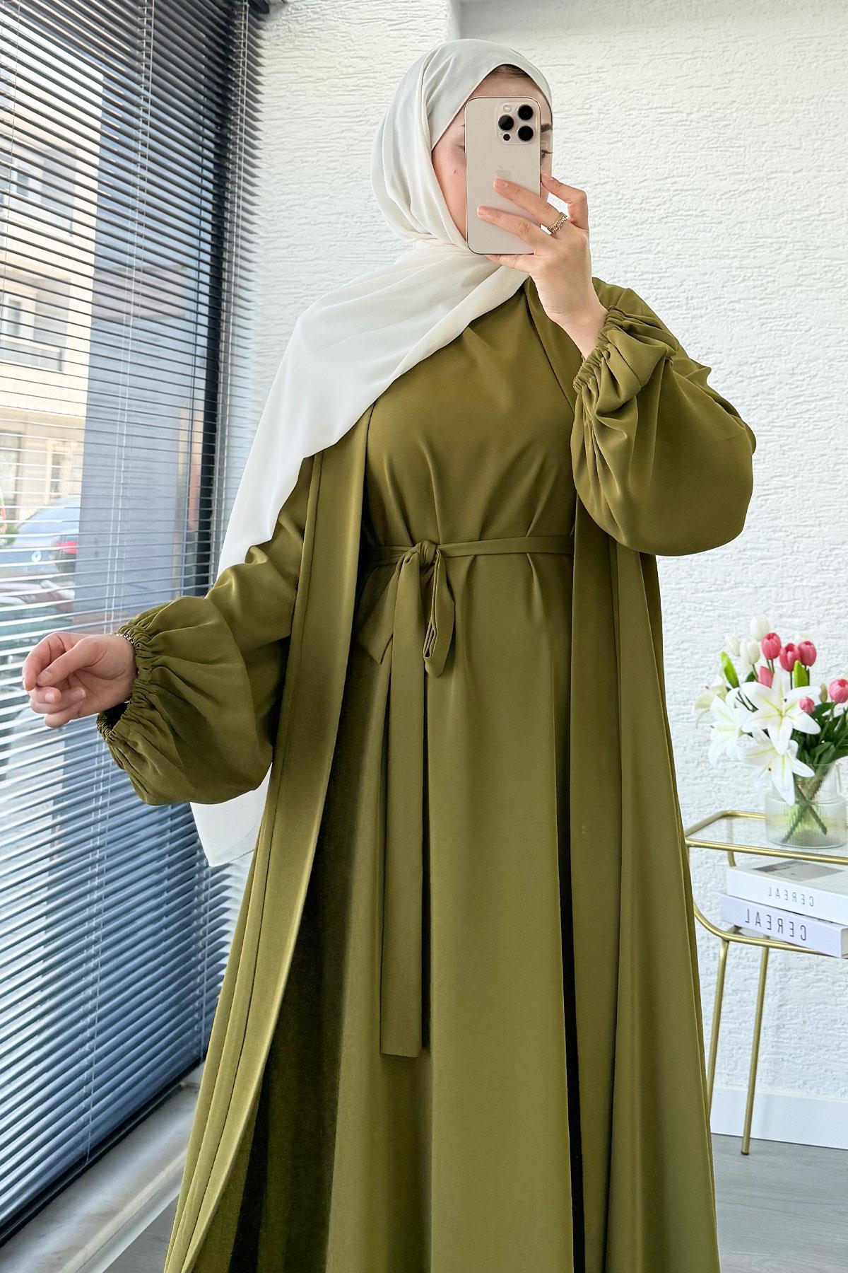Kolu Lastikli İkili Abaya Takım – Yağ Yeşili