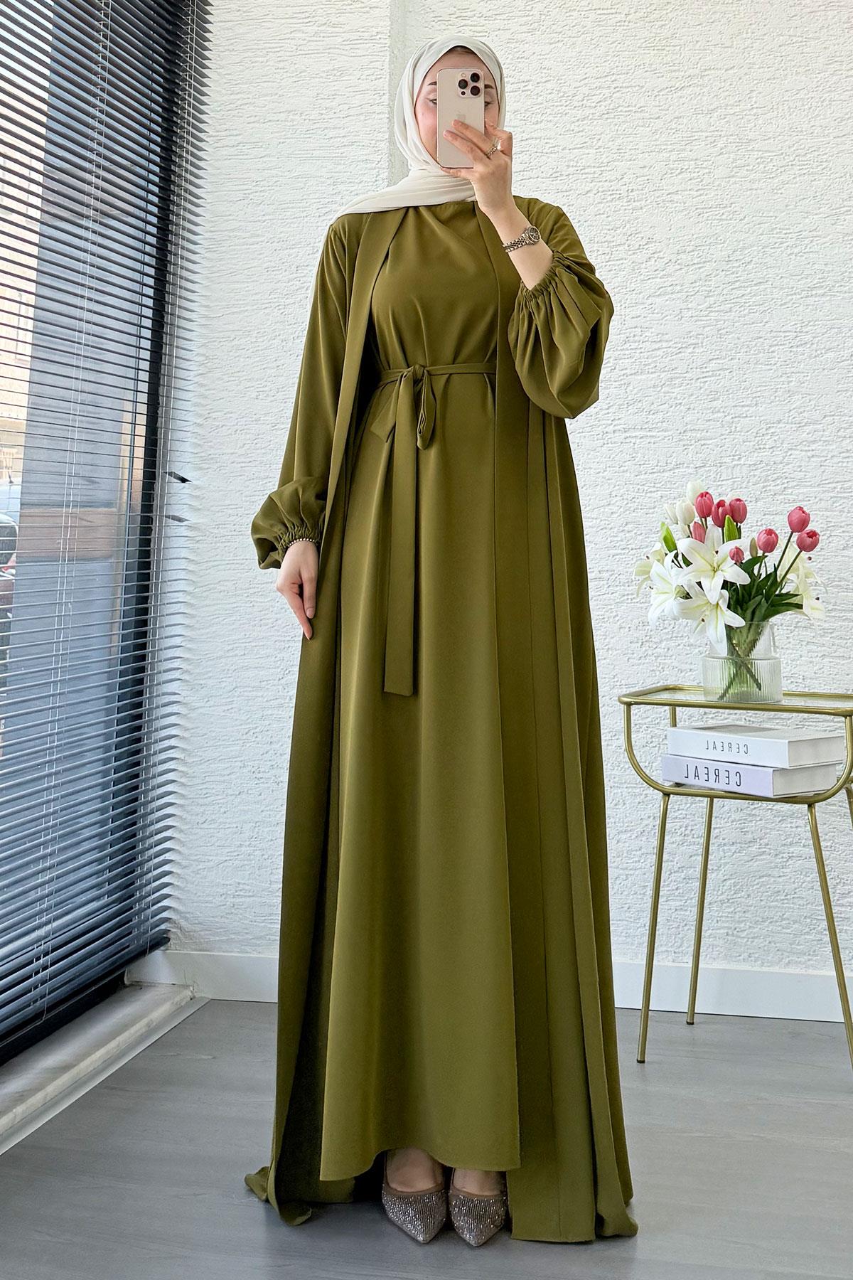 Kolu Lastikli İkili Abaya Takım – Yağ Yeşili