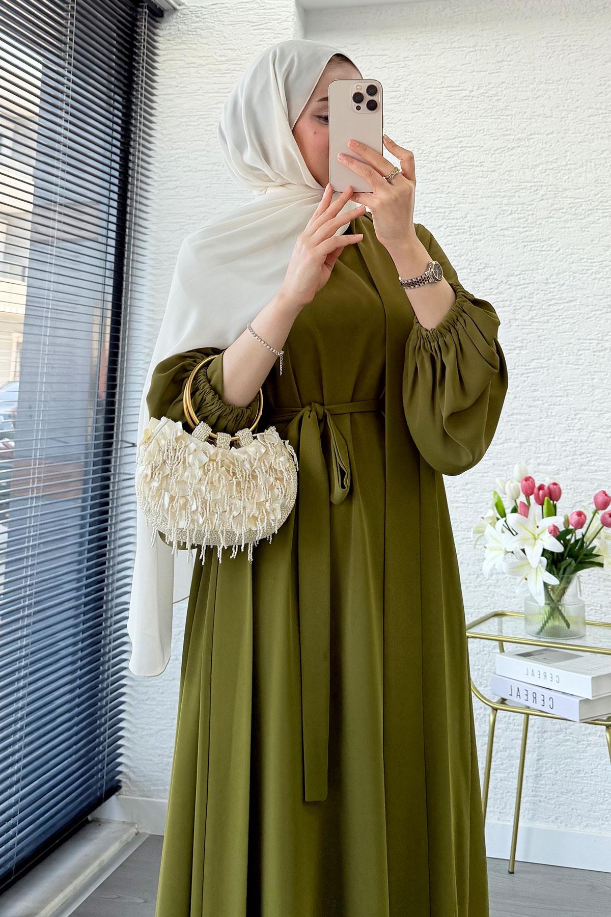 Kolu Lastikli İkili Abaya Takım – Yağ Yeşili