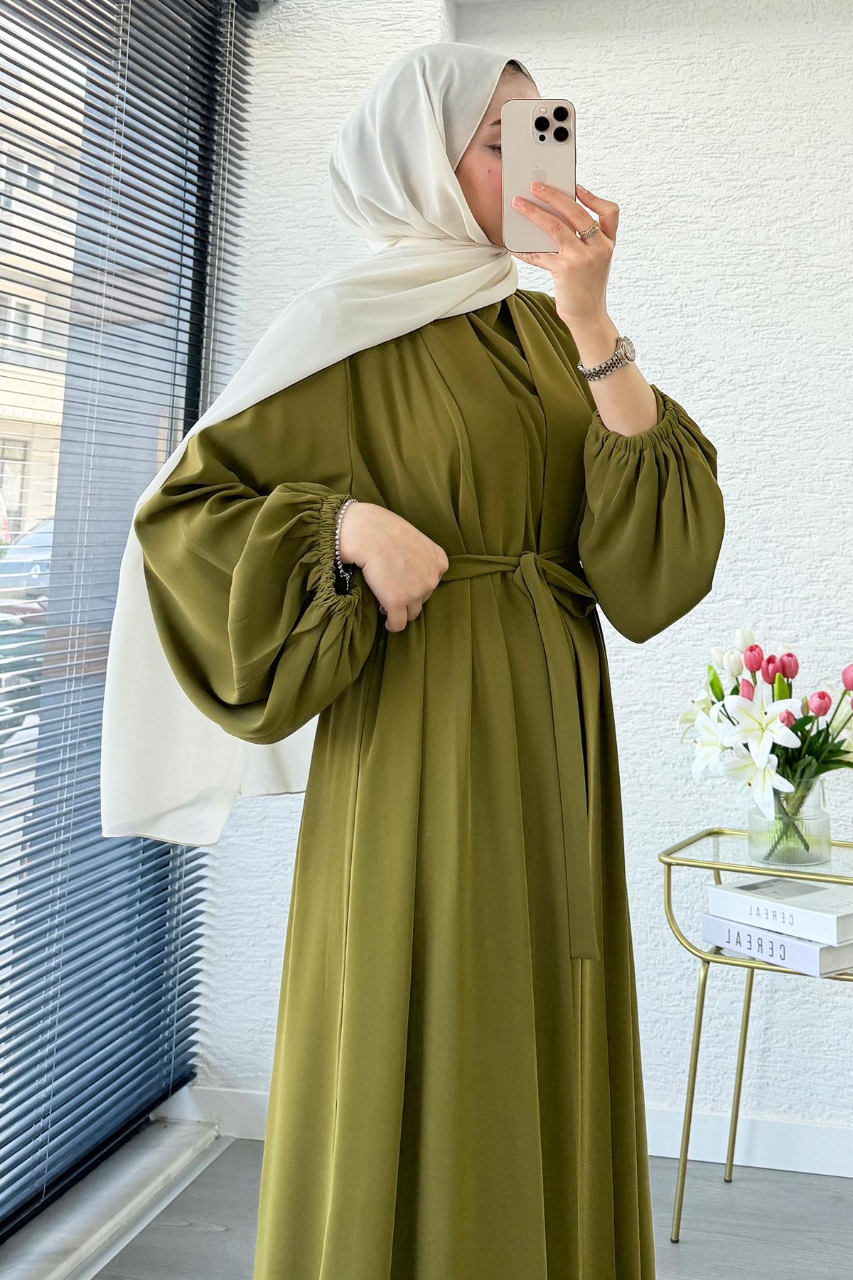 Kolu Lastikli İkili Abaya Takım – Yağ Yeşili