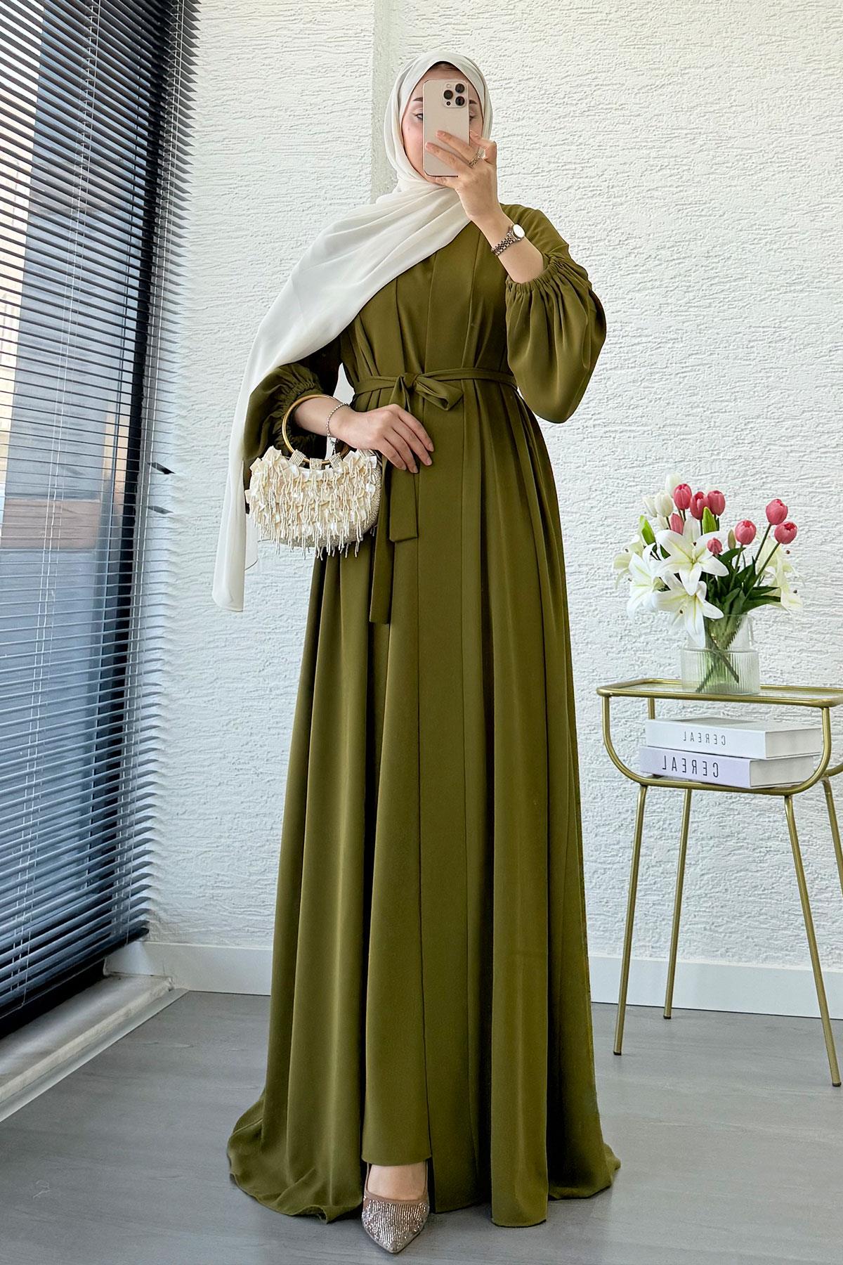 Kolu Lastikli İkili Abaya Takım – Yağ Yeşili