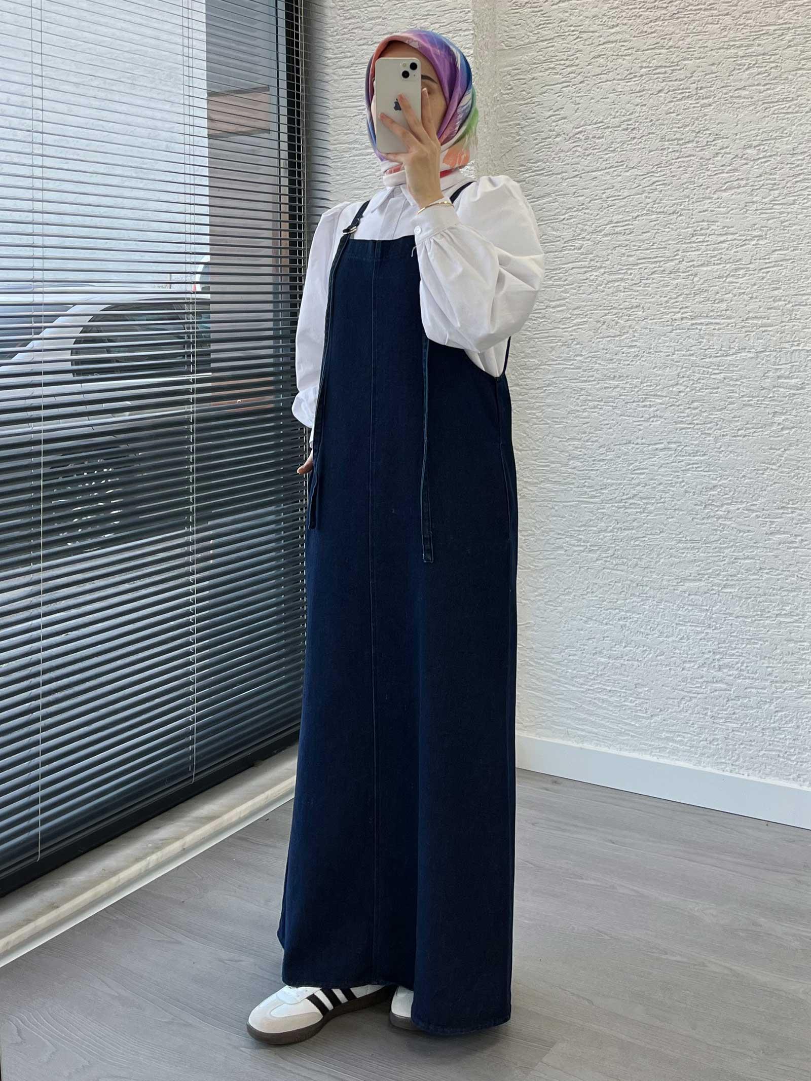 Koyu Mavi Uzun Denim Kot Salopet Jile Elbise