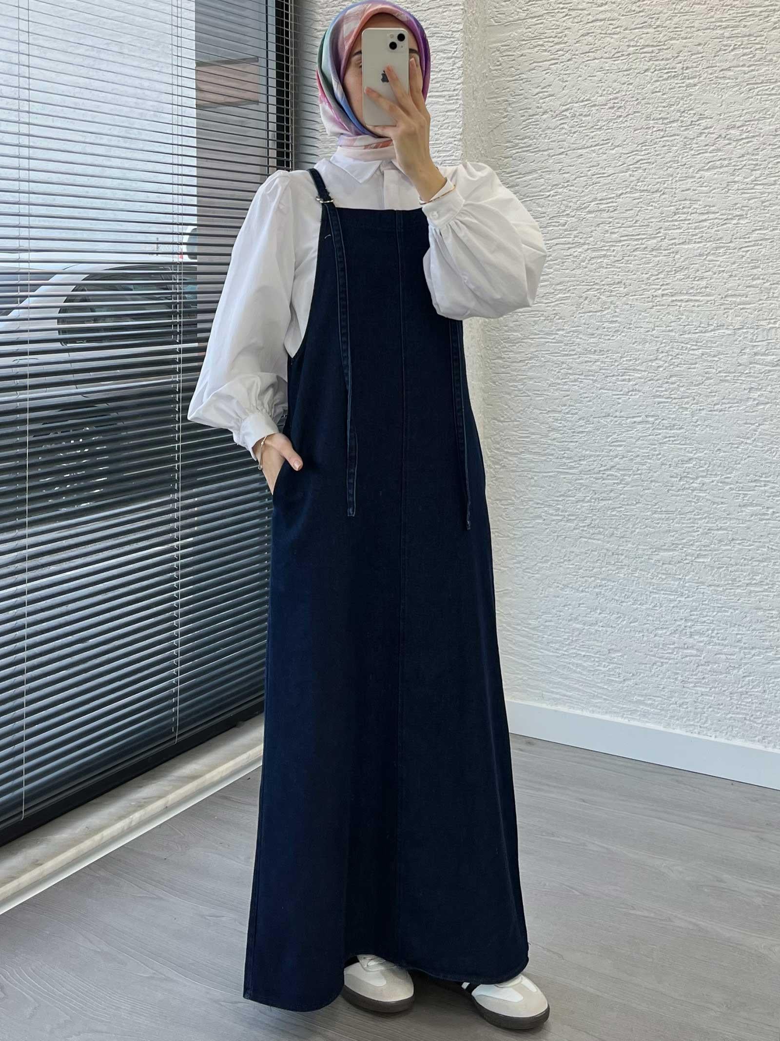 Koyu Mavi Uzun Denim Kot Salopet Jile Elbise
