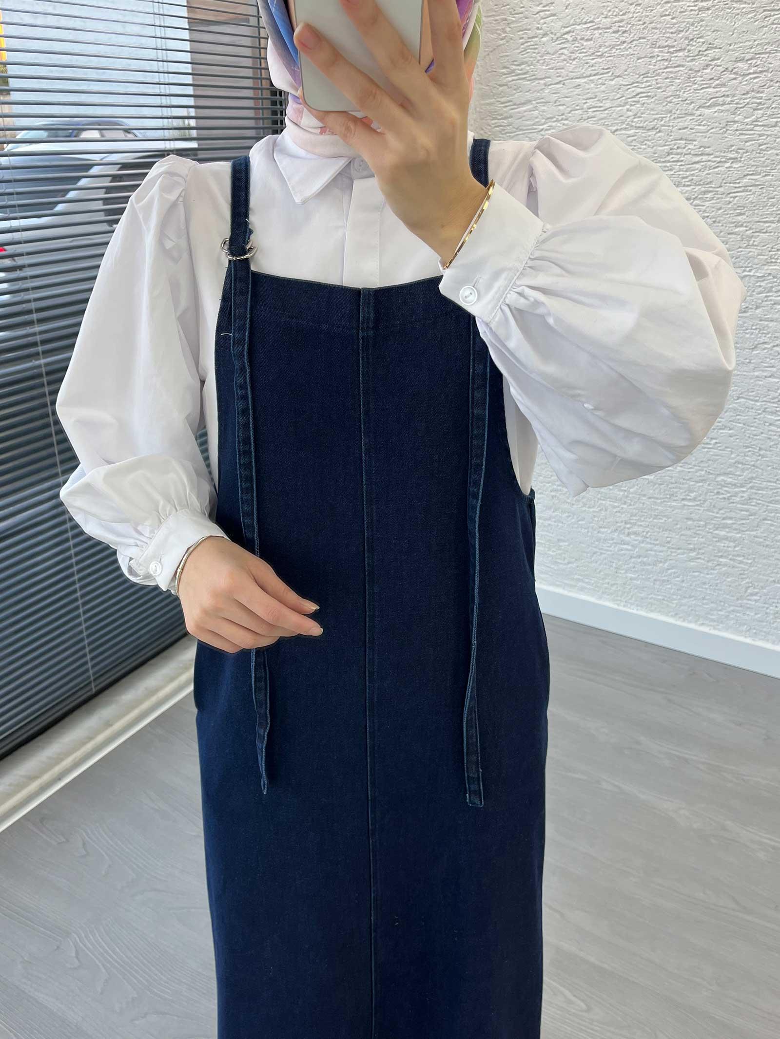 Koyu Mavi Uzun Denim Kot Salopet Jile Elbise