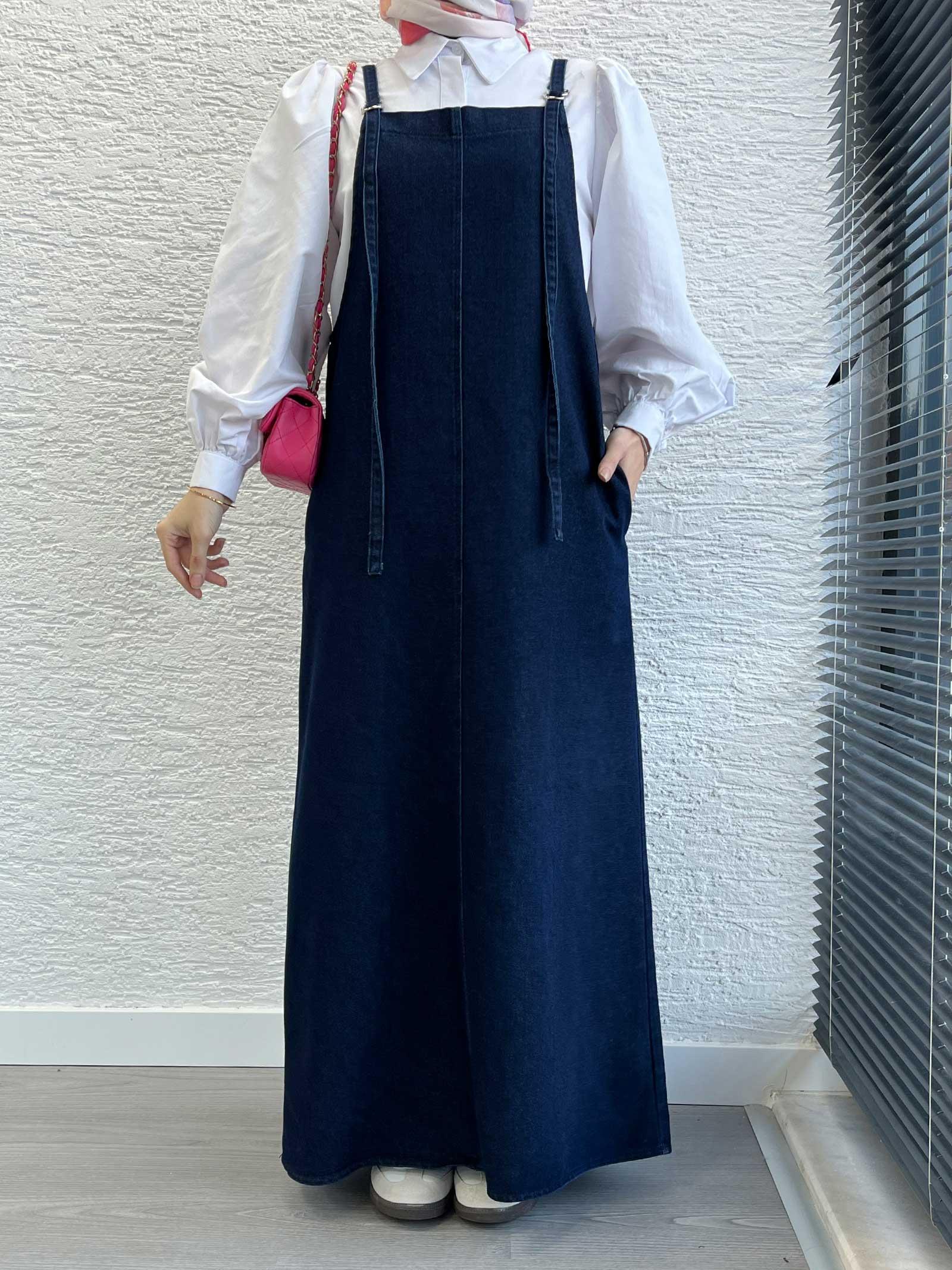 Koyu Mavi Uzun Denim Kot Salopet Jile Elbise