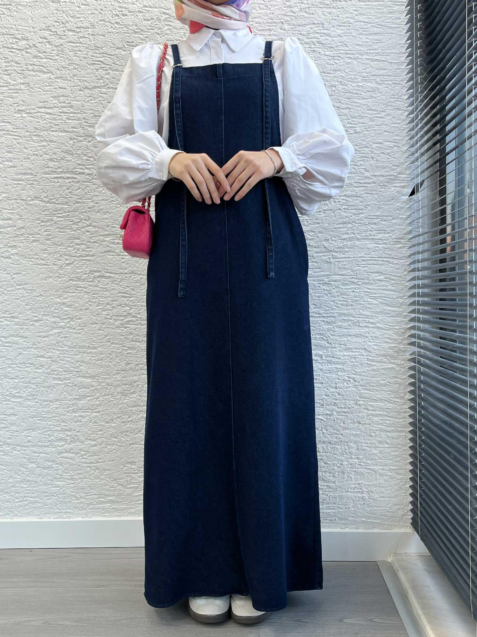 Koyu Mavi Uzun Denim Kot Salopet Jile Elbise