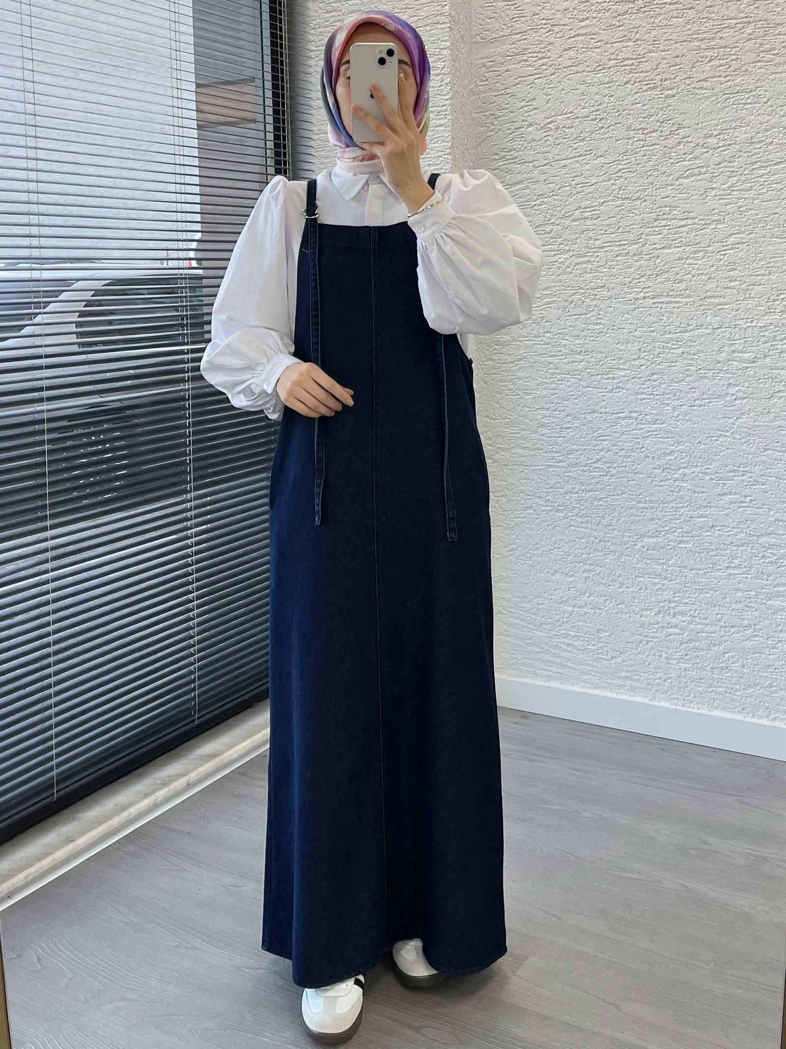 Koyu Mavi Uzun Denim Kot Salopet Jile Elbise
