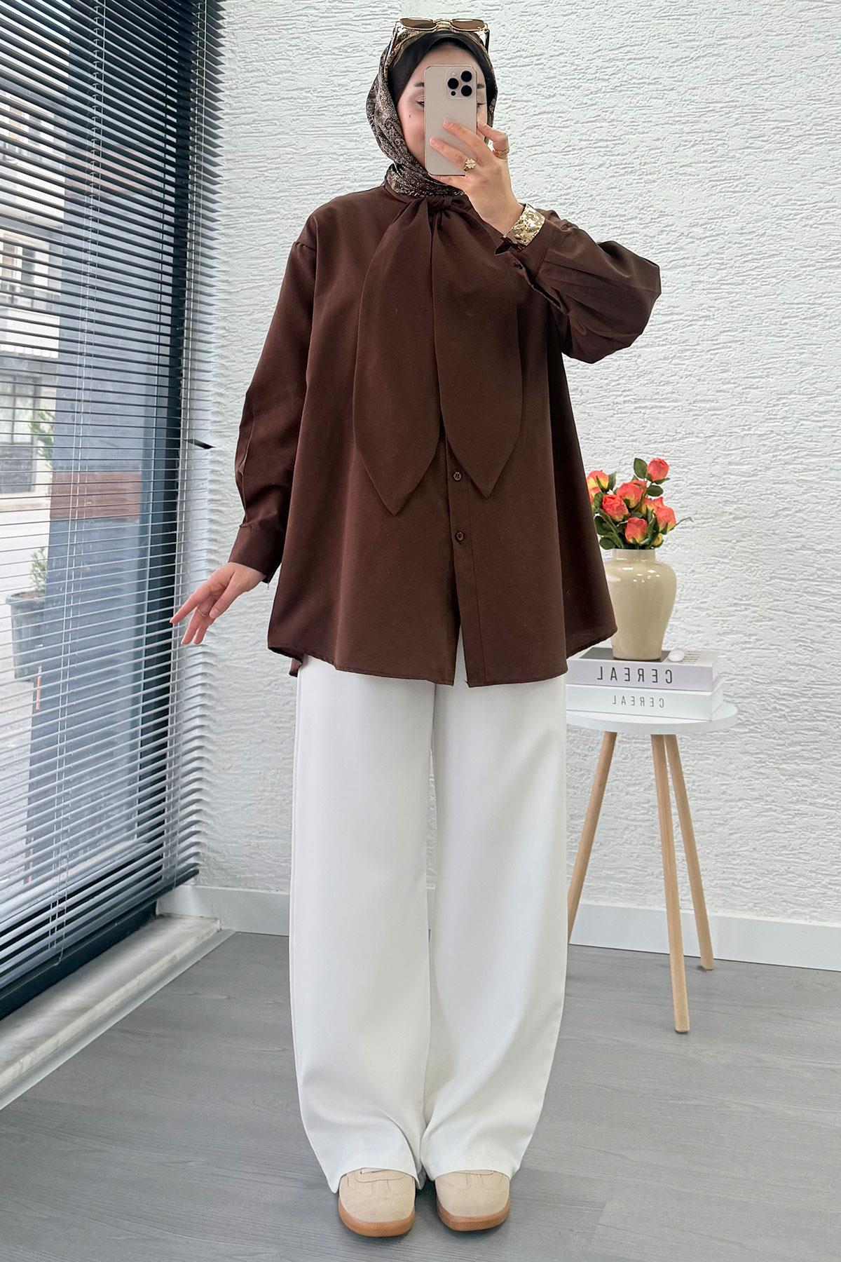 Kravat Yaka Oversize Kadın Gömlek Tunik – Kahverengi