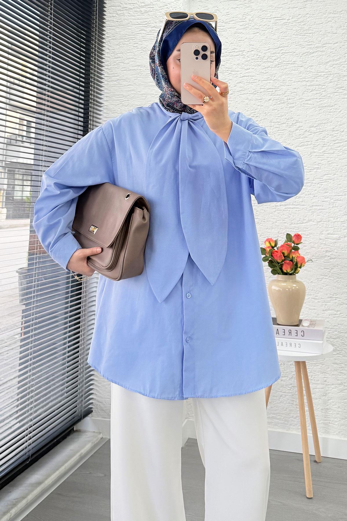 Kravat Yaka Oversize Kadın Gömlek Tunik – Mavi