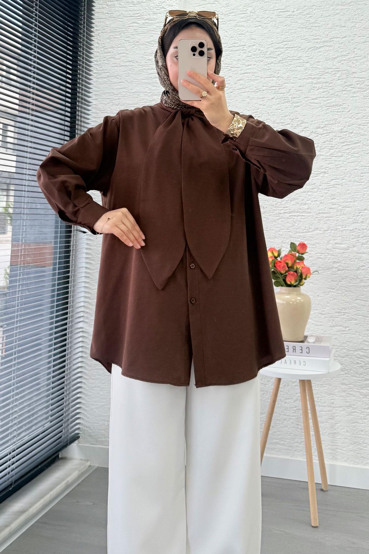 Kravat Yaka Oversize Kadın Gömlek Tunik – Kahverengi