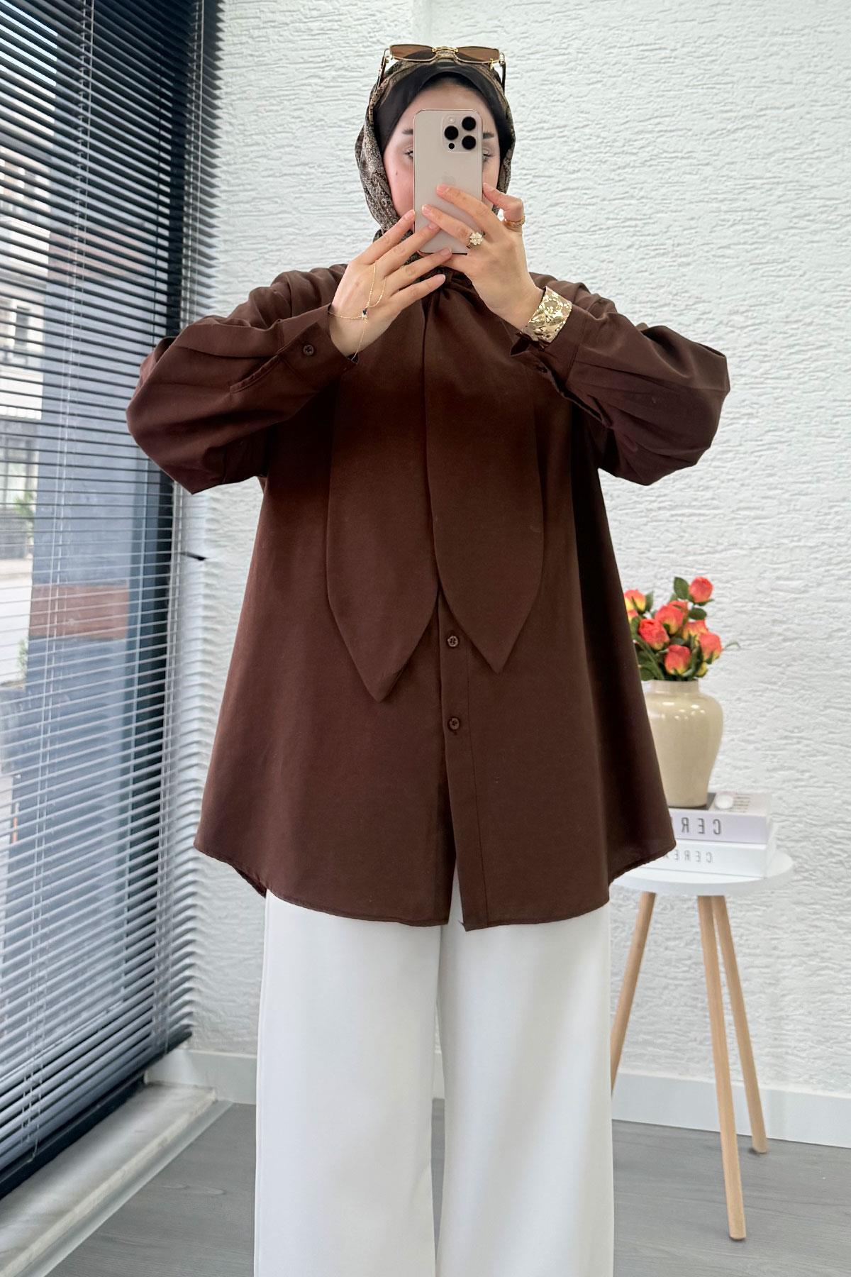Kravat Yaka Oversize Kadın Gömlek Tunik – Kahverengi