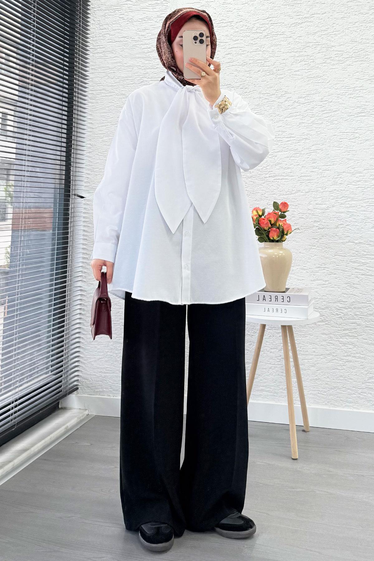 Kravat Yaka Oversize Kadın Gömlek Tunik – Beyaz
