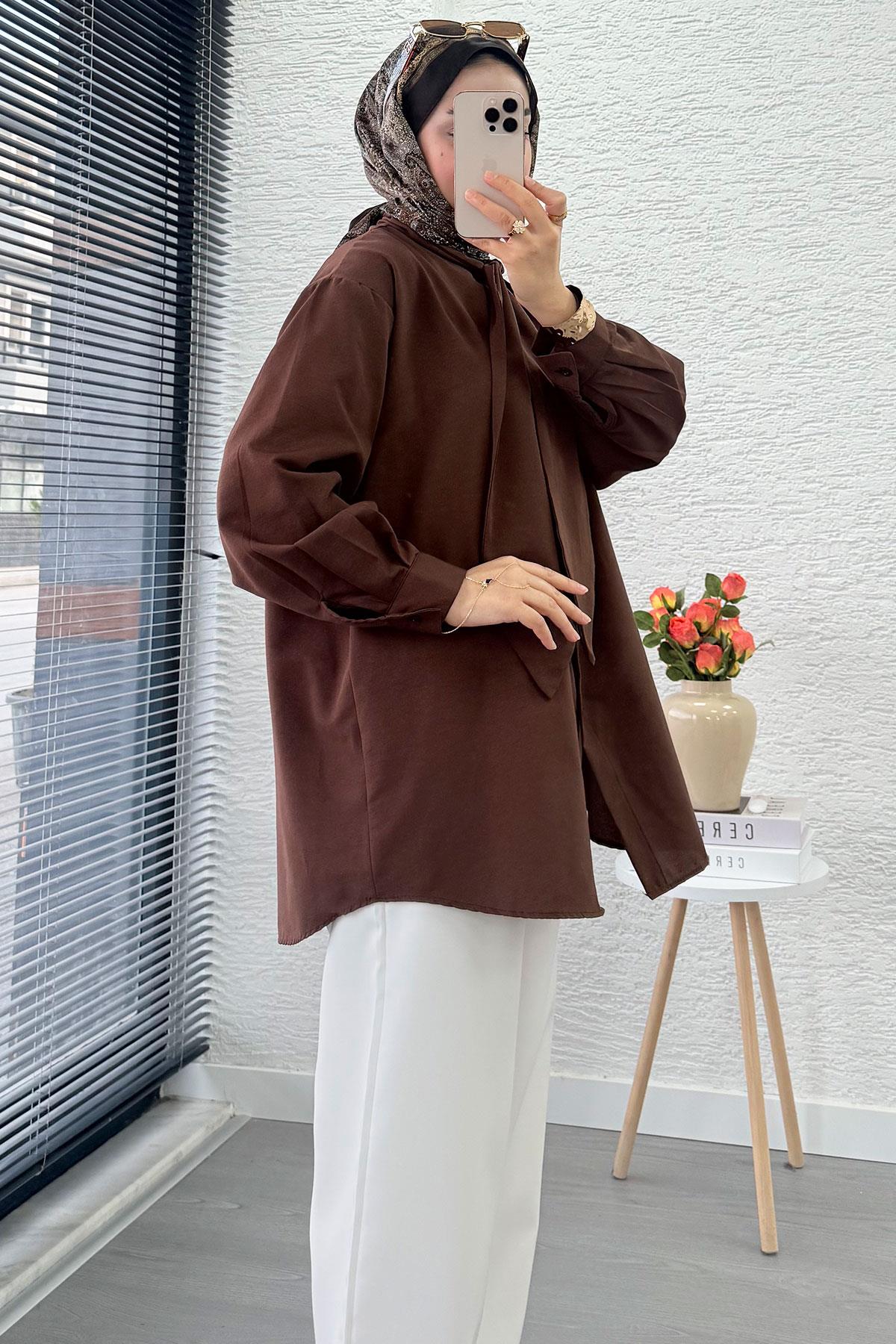 Kravat Yaka Oversize Kadın Gömlek Tunik – Kahverengi