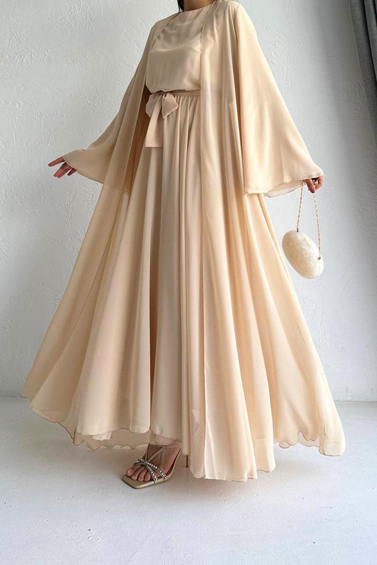 Krem Bella Şifon Abaya Takım 