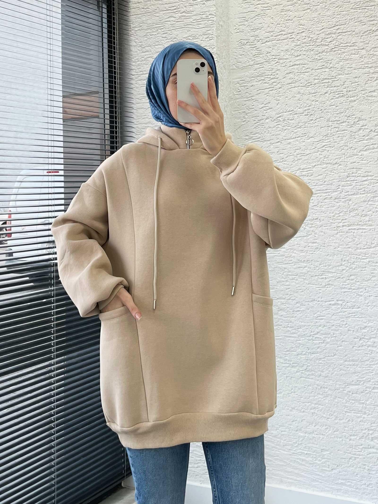 Krem Cepli Oversize Kadın Sweat