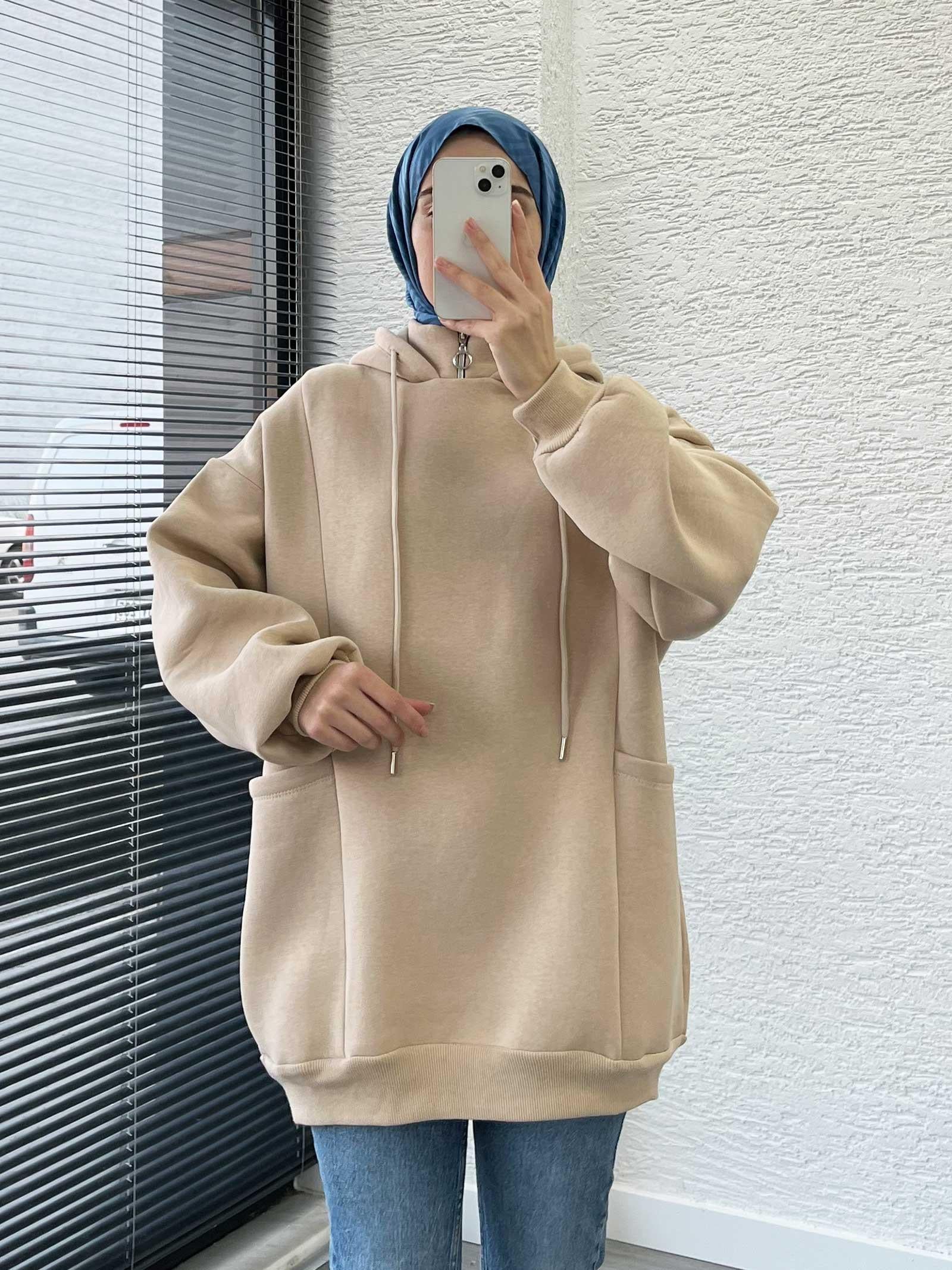 Krem Cepli Oversize Kadın Sweat