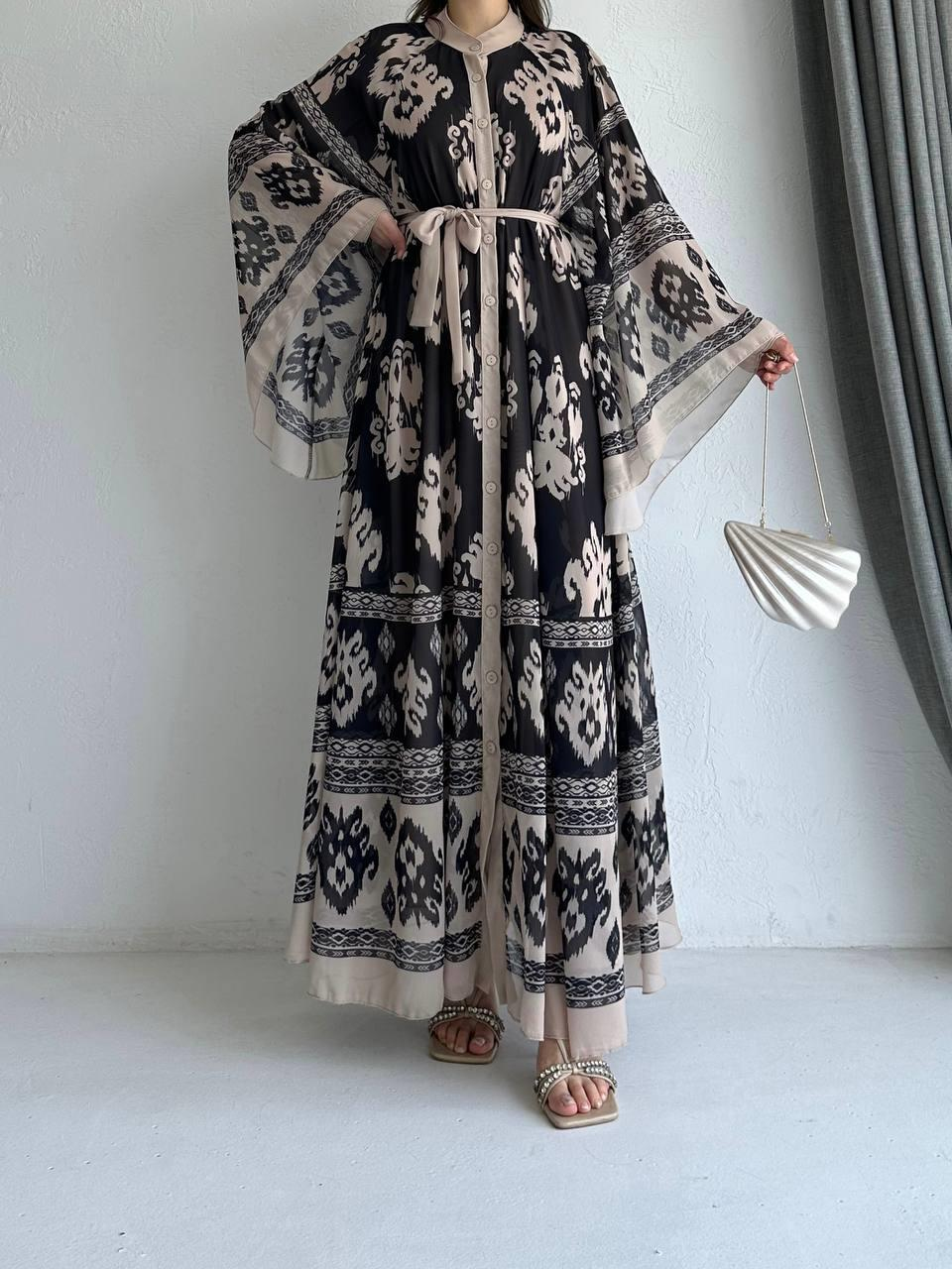Krem Etnik Desen Liya Abaya Takım 