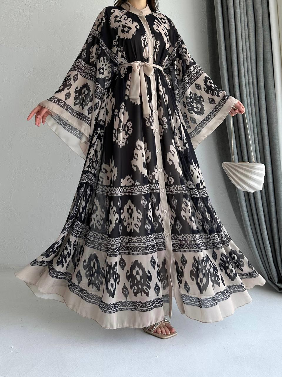 Krem Etnik Desen Liya Abaya Takım 