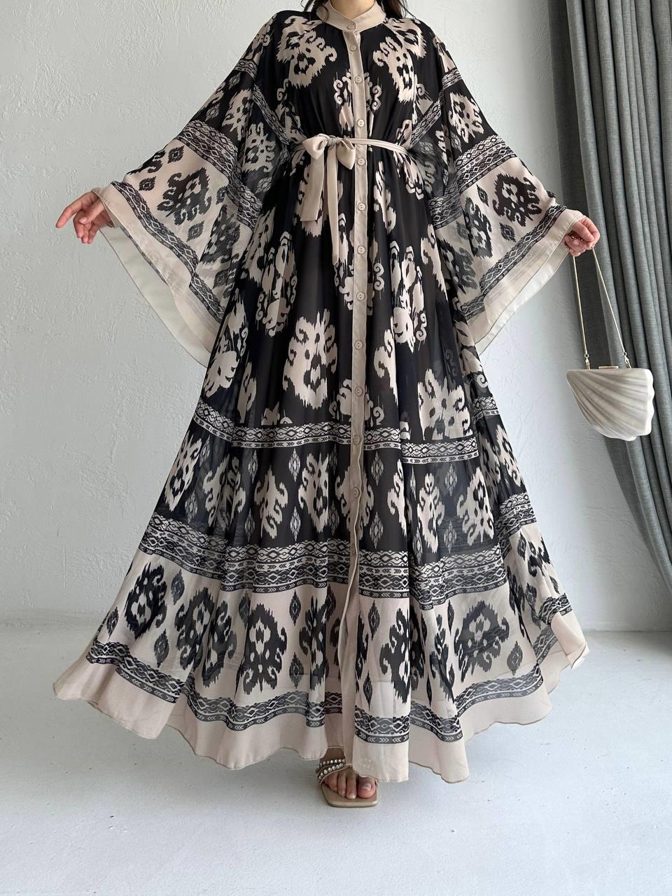 Krem Etnik Desen Liya Abaya Takım 